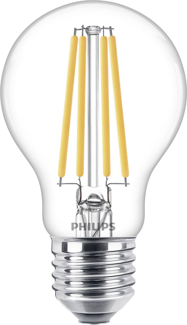 Eine LED-Glühbirne mit sichtbaren Leuchtfäden und einem metallischen Sockel.