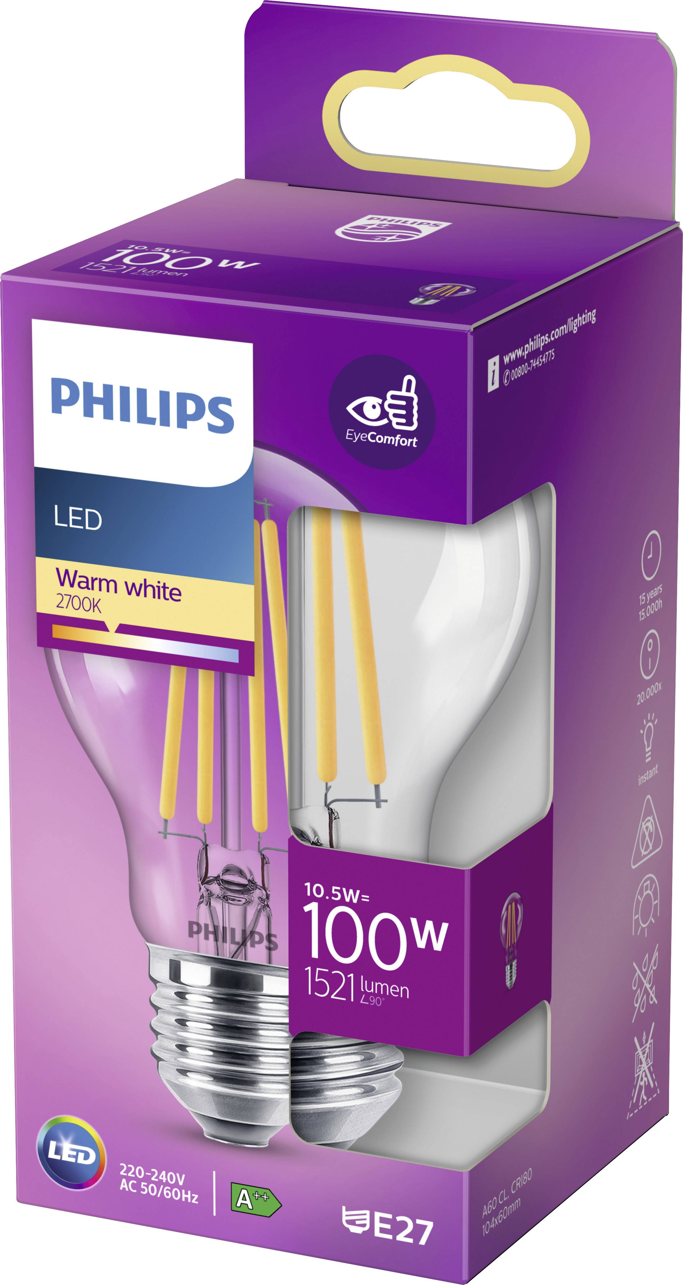 Verpackung mit einer Philips LED-Glühbirne, warmweiß, 10,5W, entspricht 100W, 1521 Lumen, E27-Sockel. Energieeffizienz A+.