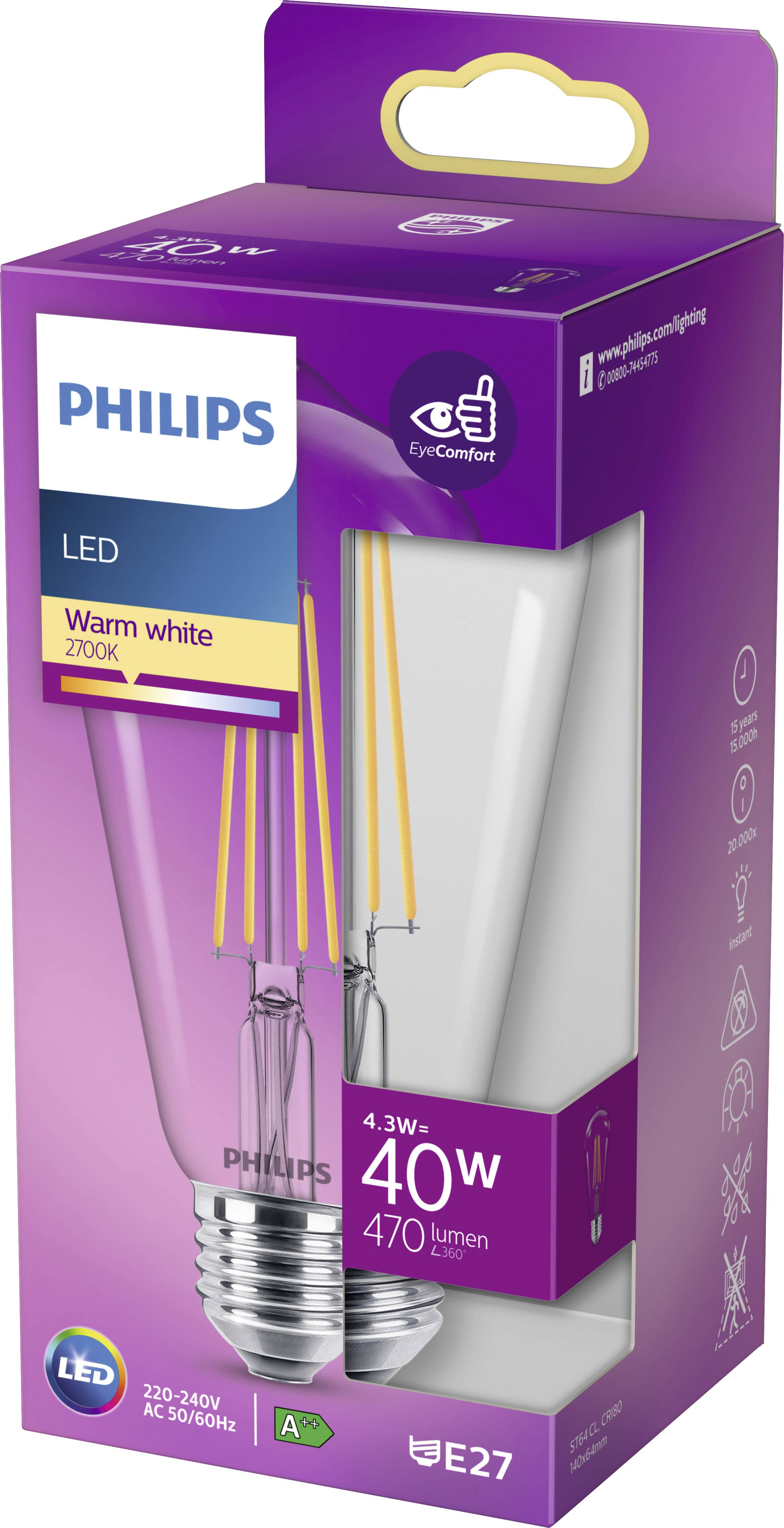 Philips LED 76303900 LED EEK F (A - G) E27 Spezialform 4.3W = 40W Warmweiß (Ø x L) 6.4cm x 14cm 1St.