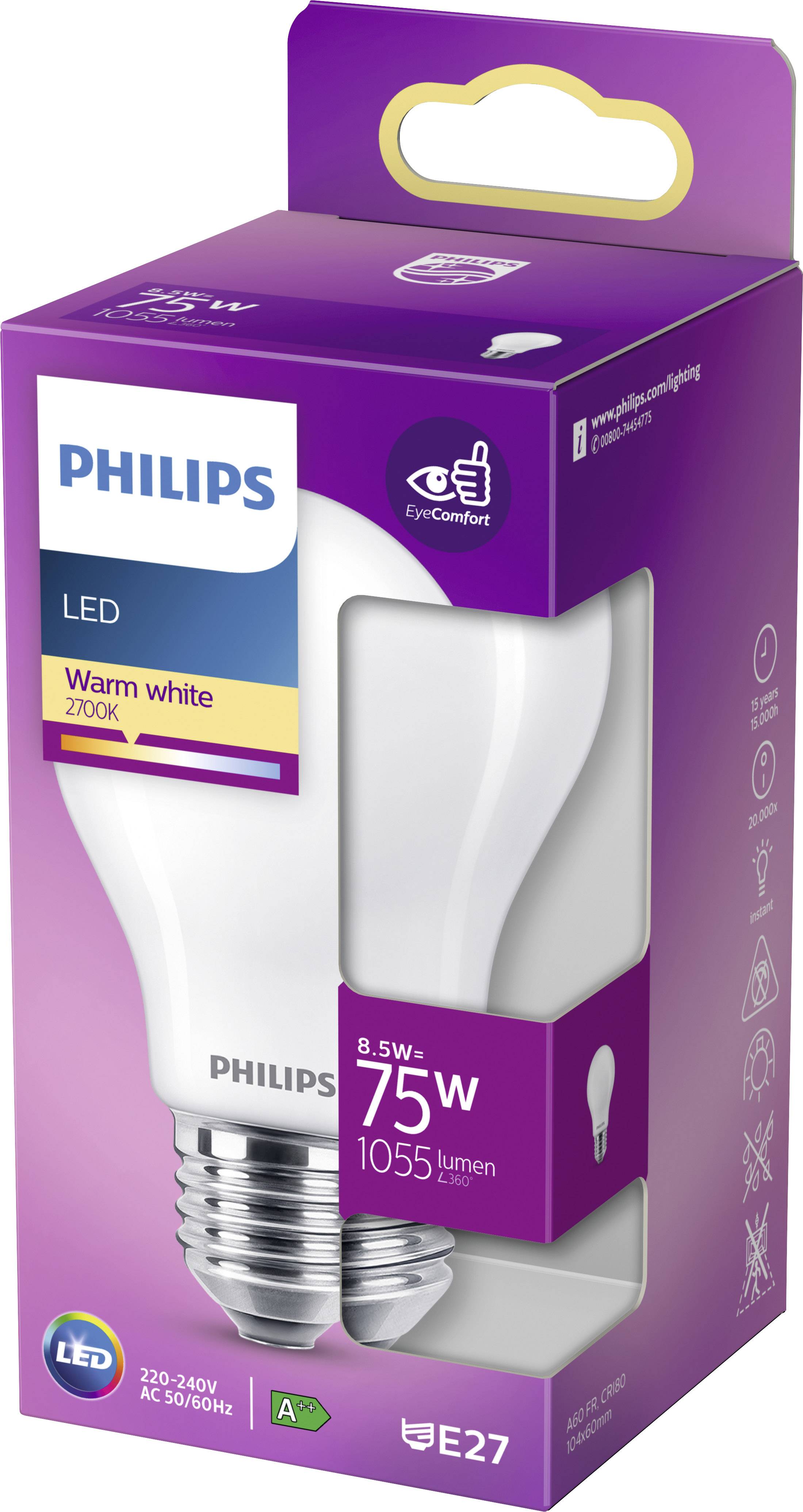 LED-Lampe von Philips in einer lila Verpackung; 8,5W, ersetzt 75W, 1055 Lumen, warmweiß, E27-Sockel, energieeffizient.