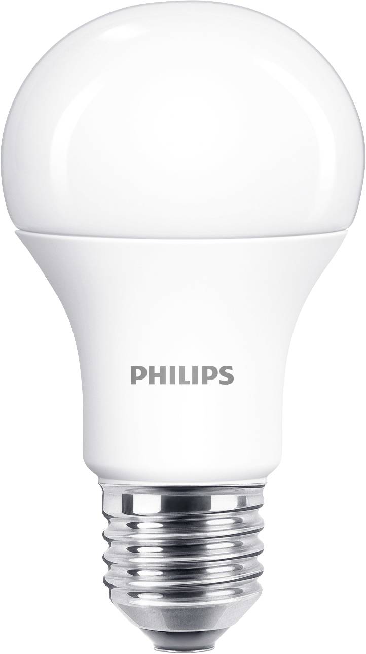 Eine weiße LED-Glühbirne mit Schraubsockel, markiert mit 'Philips'.