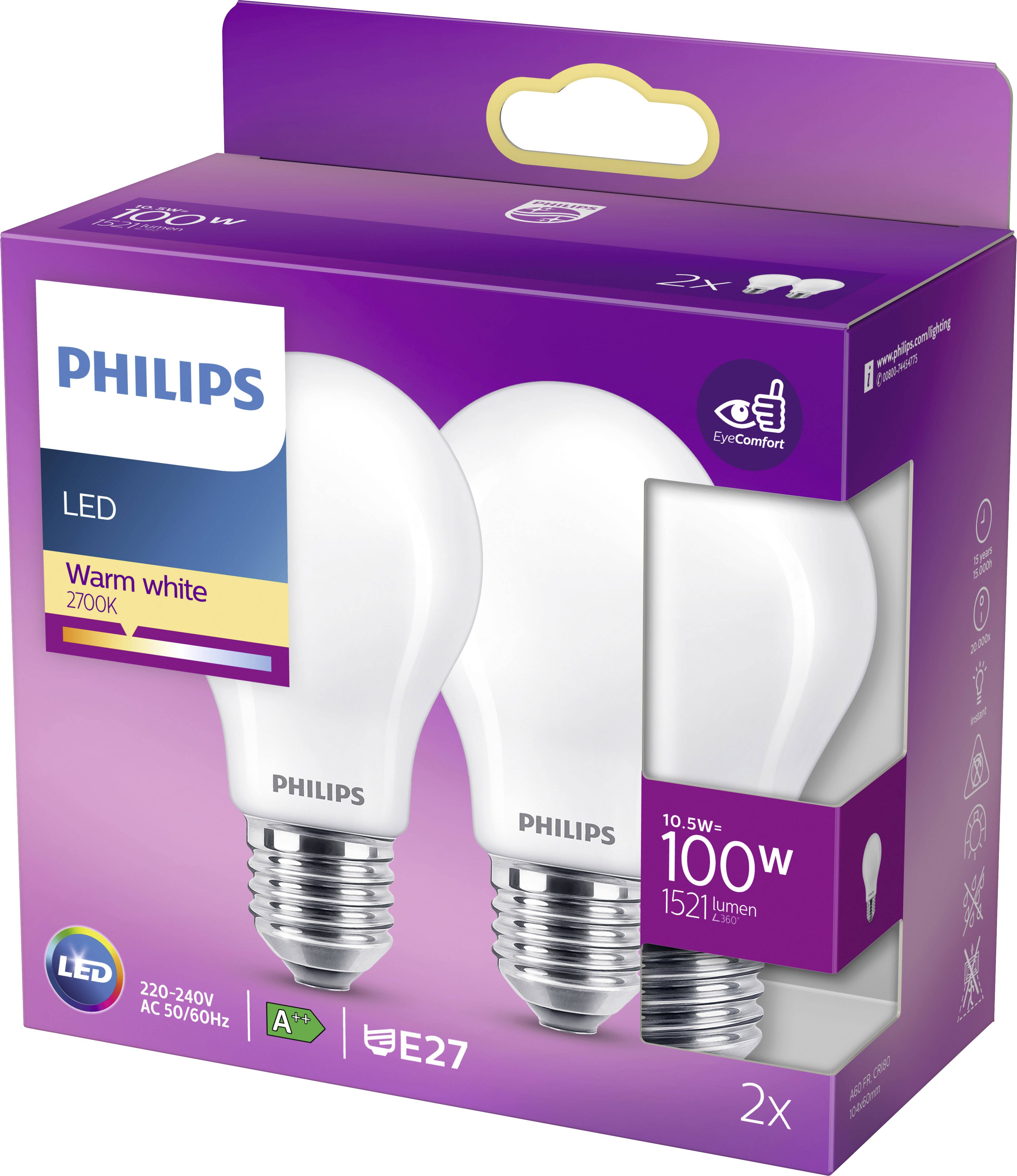 Philips LED-Glühbirnen, warmweiß, 10,5 W = 100 W, 1521 Lumen, E27, 2er Pack, energiesparend, EyeComfort-Technologie.