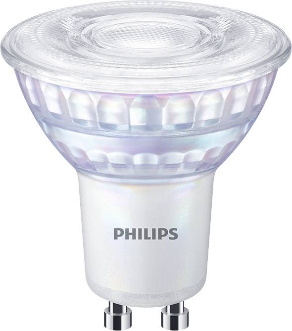 Eine LED-Glühbirne der Marke Philips mit GU10-Sockel. Sie ist durchsichtig und zylinderförmig, geeignet für Energiesparbeleuchtung.