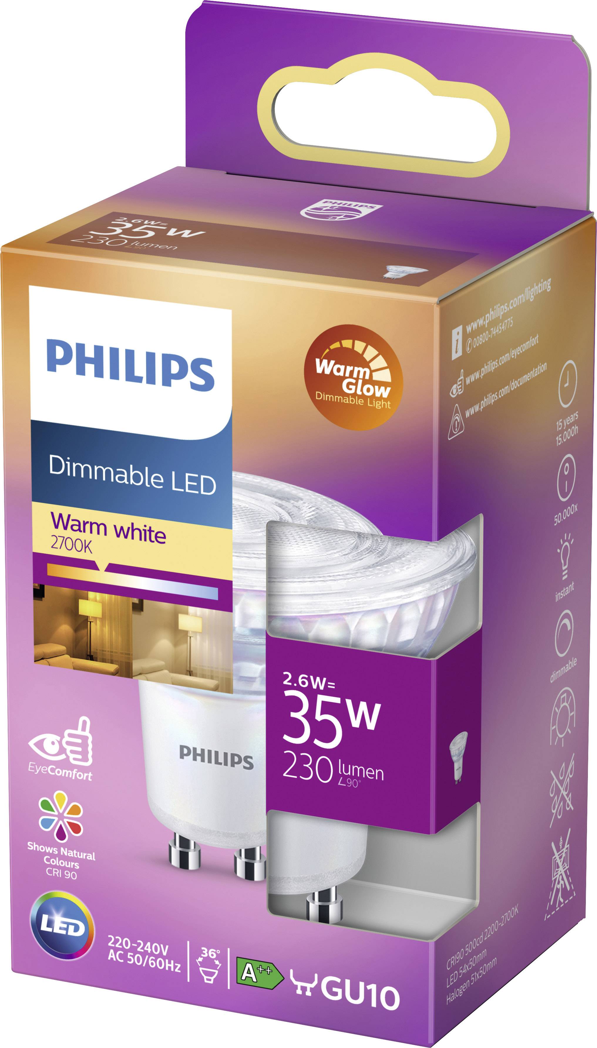 Philips dimmbare LED GU10, warmweiß 2700K, 2,6W ersetzt 35W, 230 Lumen, Energieklasse A+, EyeComfort, 220-240V AC, 50/60Hz.