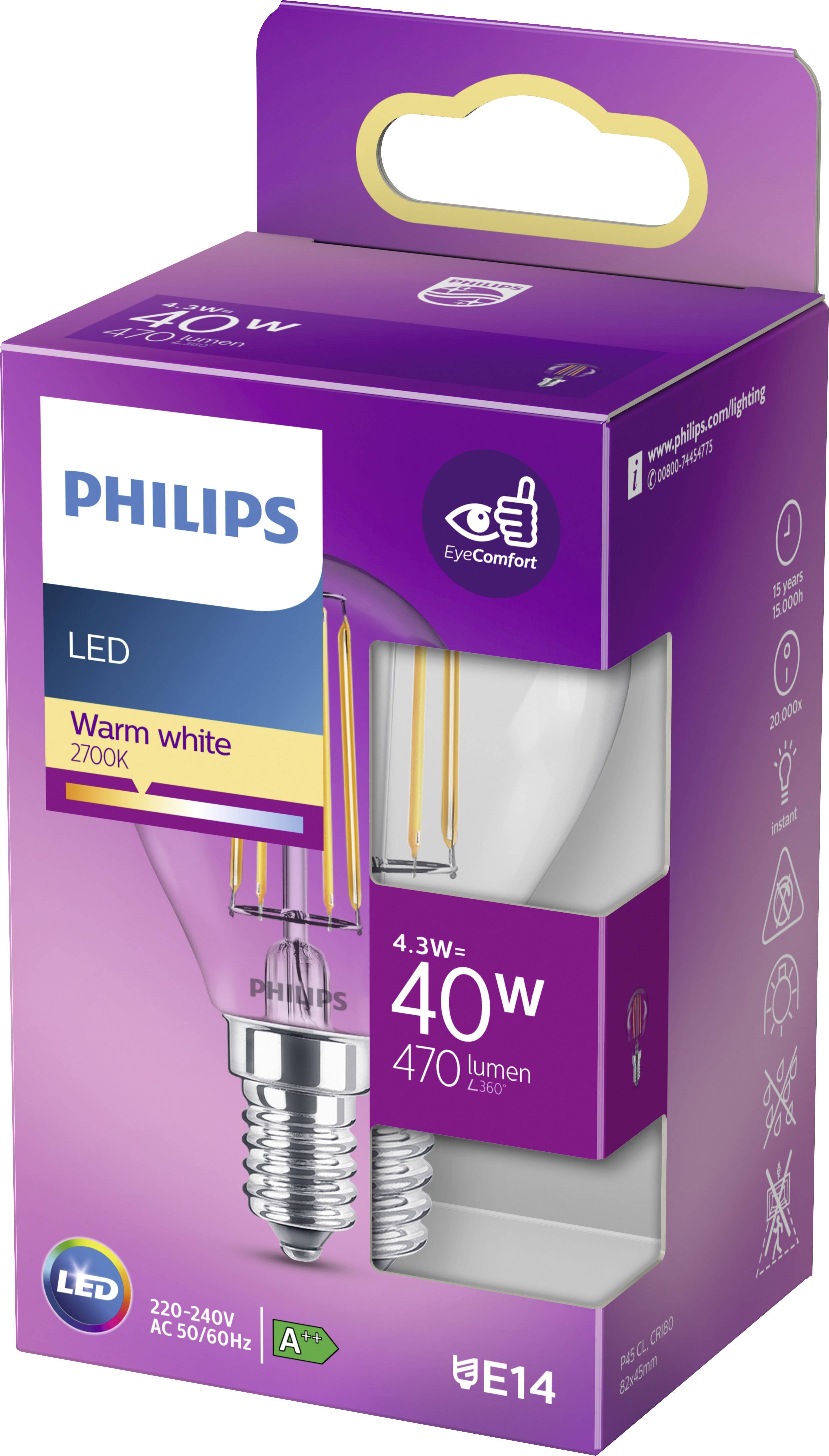 Philips LED 76315200 LED EEK F (A - G) E14 Tropfenform 4.3 W = 40 W Warmweiß (Ø x L) 4.5 cm x 8.2 c