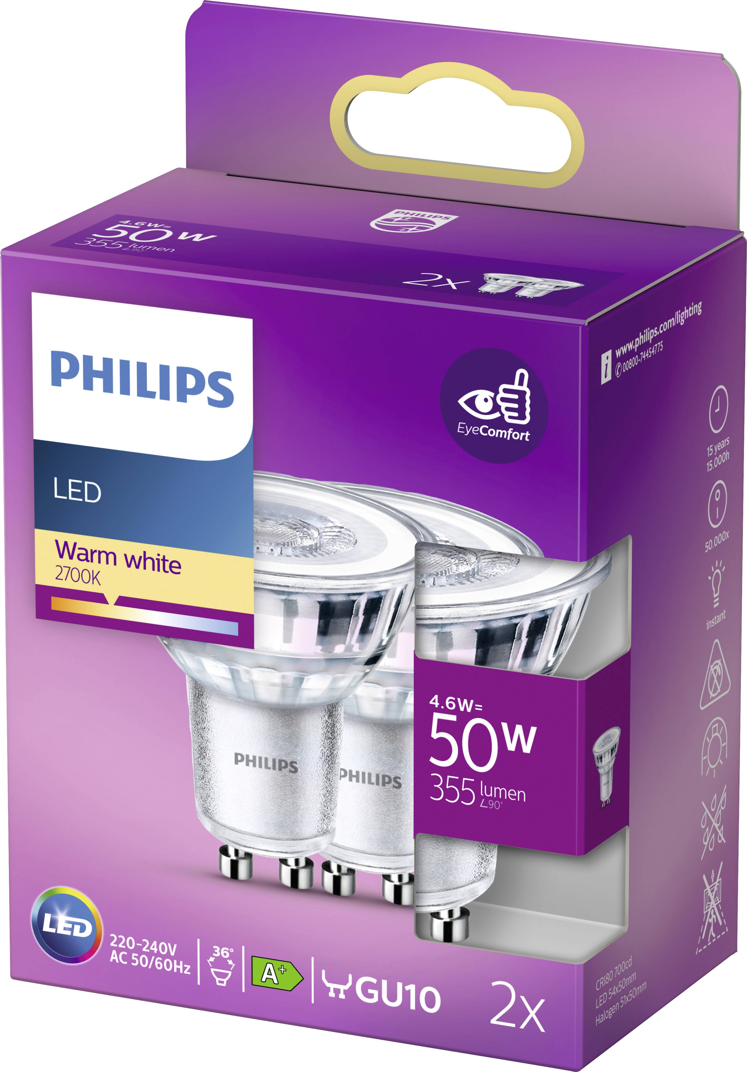 Philips LED 77427100 LED EEK F (A - G) GU10 Reflektor 4.6W = 50W Warmweiß (Ø x L) 5cm x 5.4cm 2St.