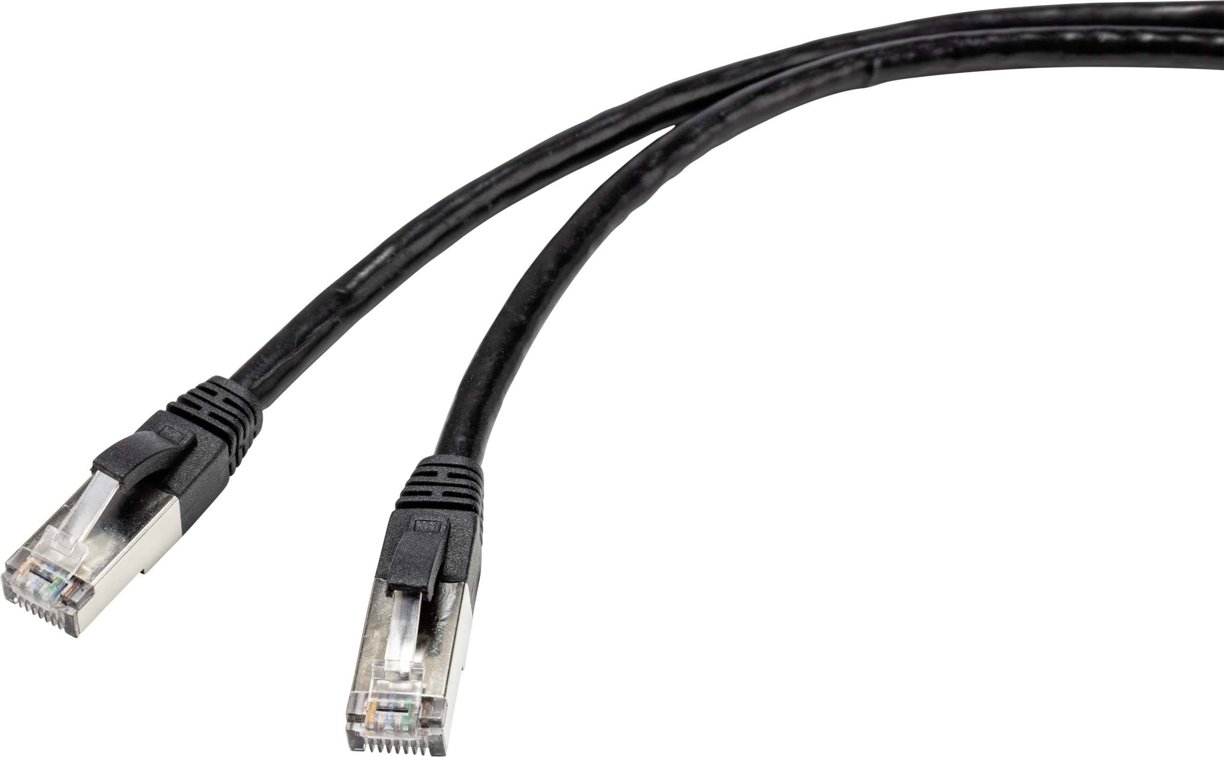 Ein schwarzes Ethernet-Kabel mit zwei RJ45-Steckern an den Enden.