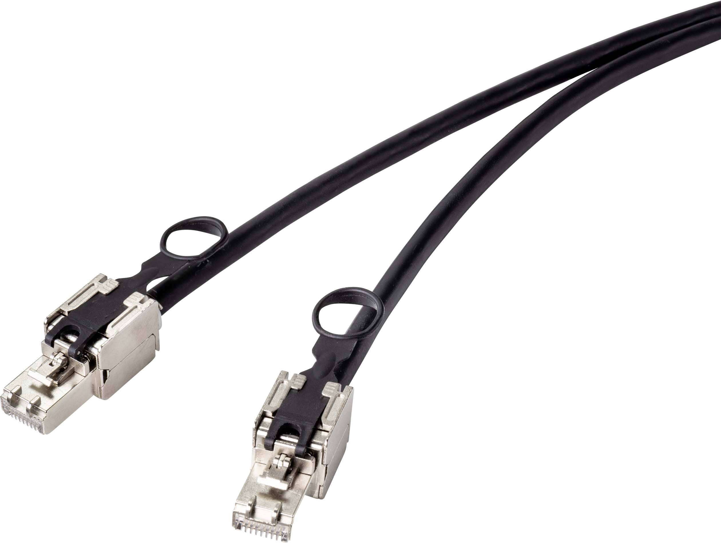 Zwei schwarze Ethernet-Kabel mit Metallsteckern liegen parallel nebeneinander.