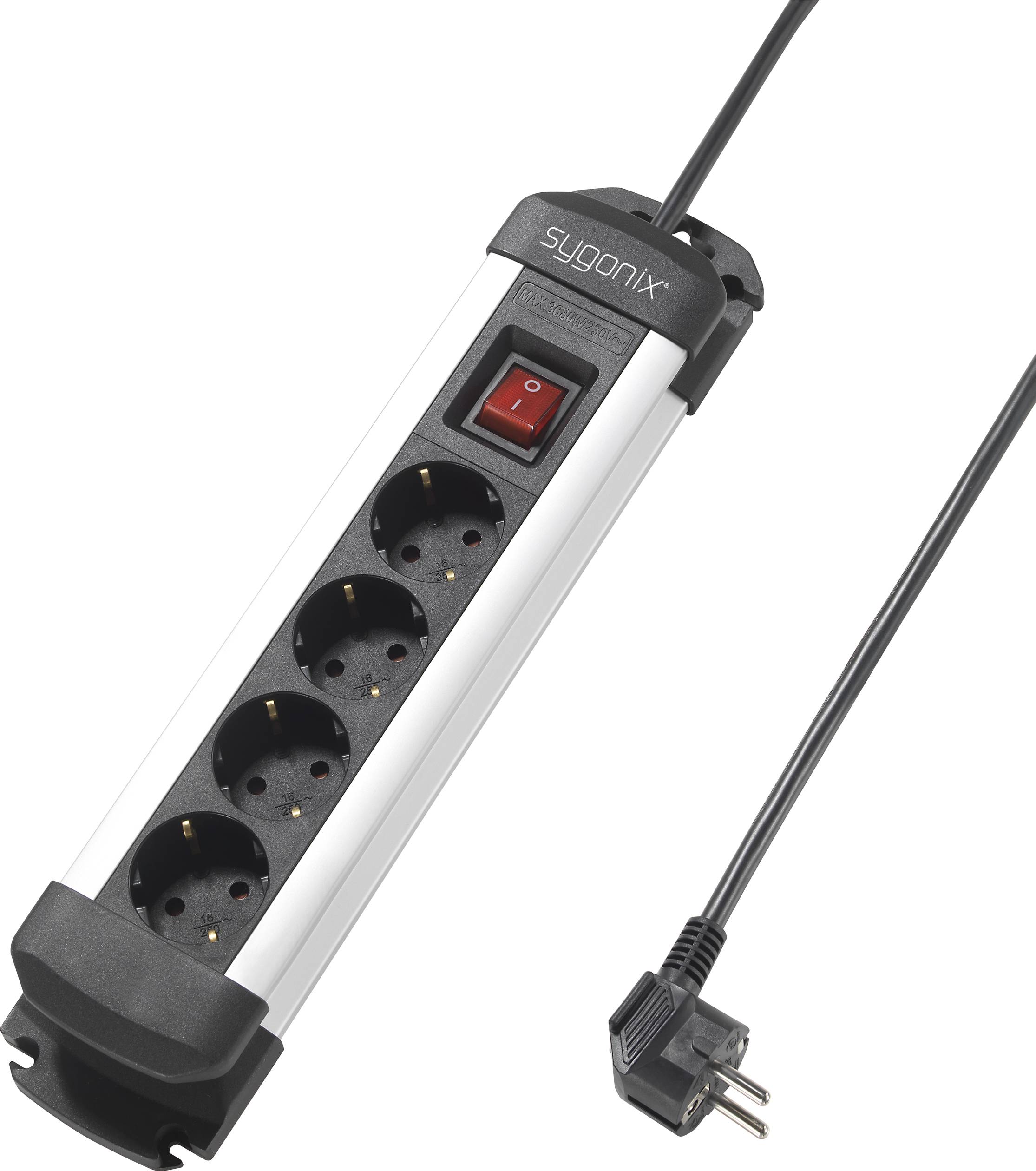Steckdosenleiste mit vier Steckplätzen, Ein/Aus-Schalter und Netzkabel mit Stecker; geeignet zur Stromverteilung.