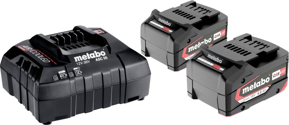 Metabo-Ladegerät ASC 55 und zwei Li-Power-Akkus 12V-18V, 4.0 Ah. Ideal zum schnellen Aufladen und als Ersatzbatterien für Werkzeuge.