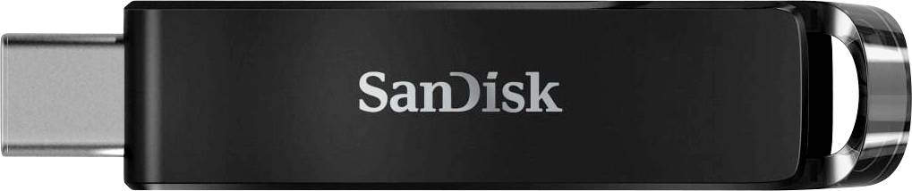 Ein schwarzer USB-Stick mit der Aufschrift 'SanDisk' in der Mitte. Der Stick hat eine kompakte, rechteckige Form.