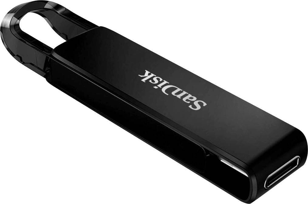 Ein schwarzer USB-Stick mit der Aufschrift 'SanDisk', liegt auf einer weißen Oberfläche.