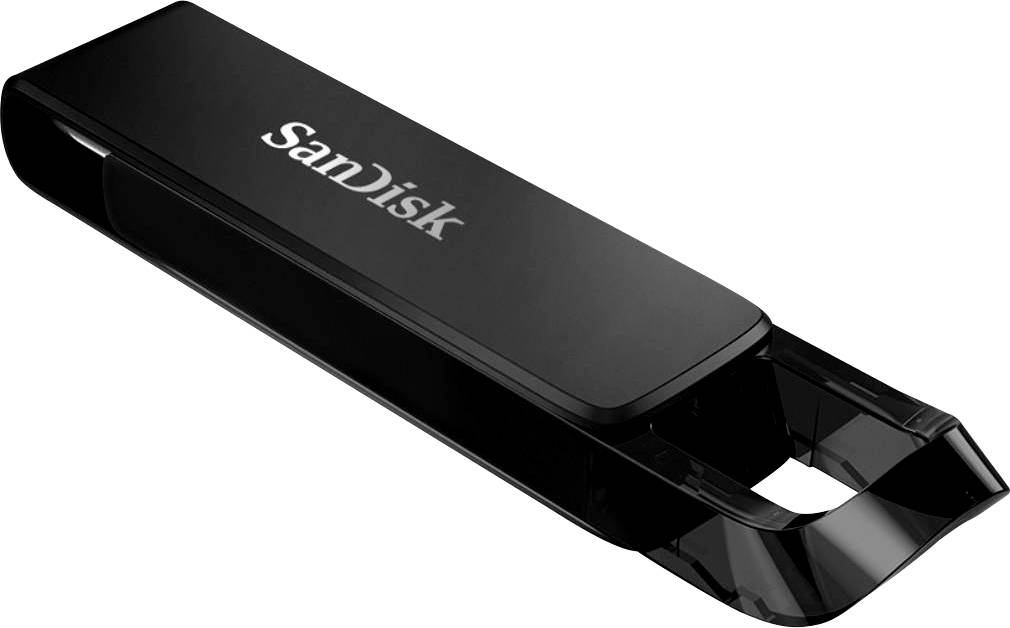 Ein schwarzer USB-Stick mit dem Aufdruck 'SanDisk'.