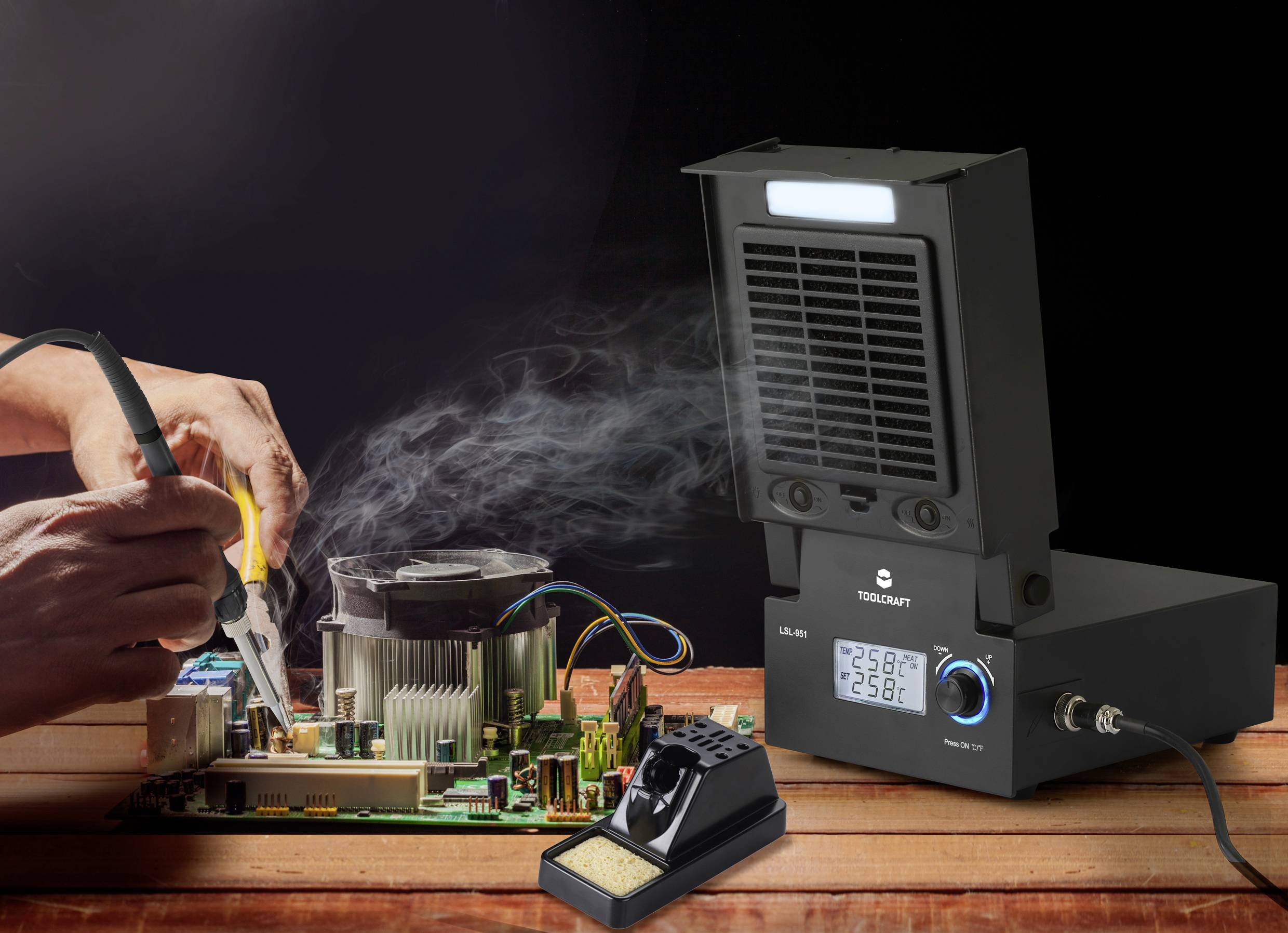 TOOLCRAFT LSL-951 Lötstation mit LED-Beleuchtung und Lötrauchabsaugung digital 80W 160 - 480°C