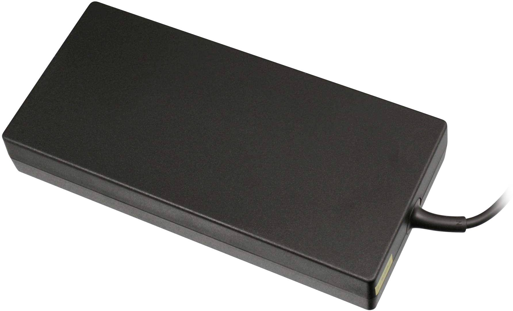 Schwarzes rechteckiges Netzteil mit Kabel auf rechter Seite.