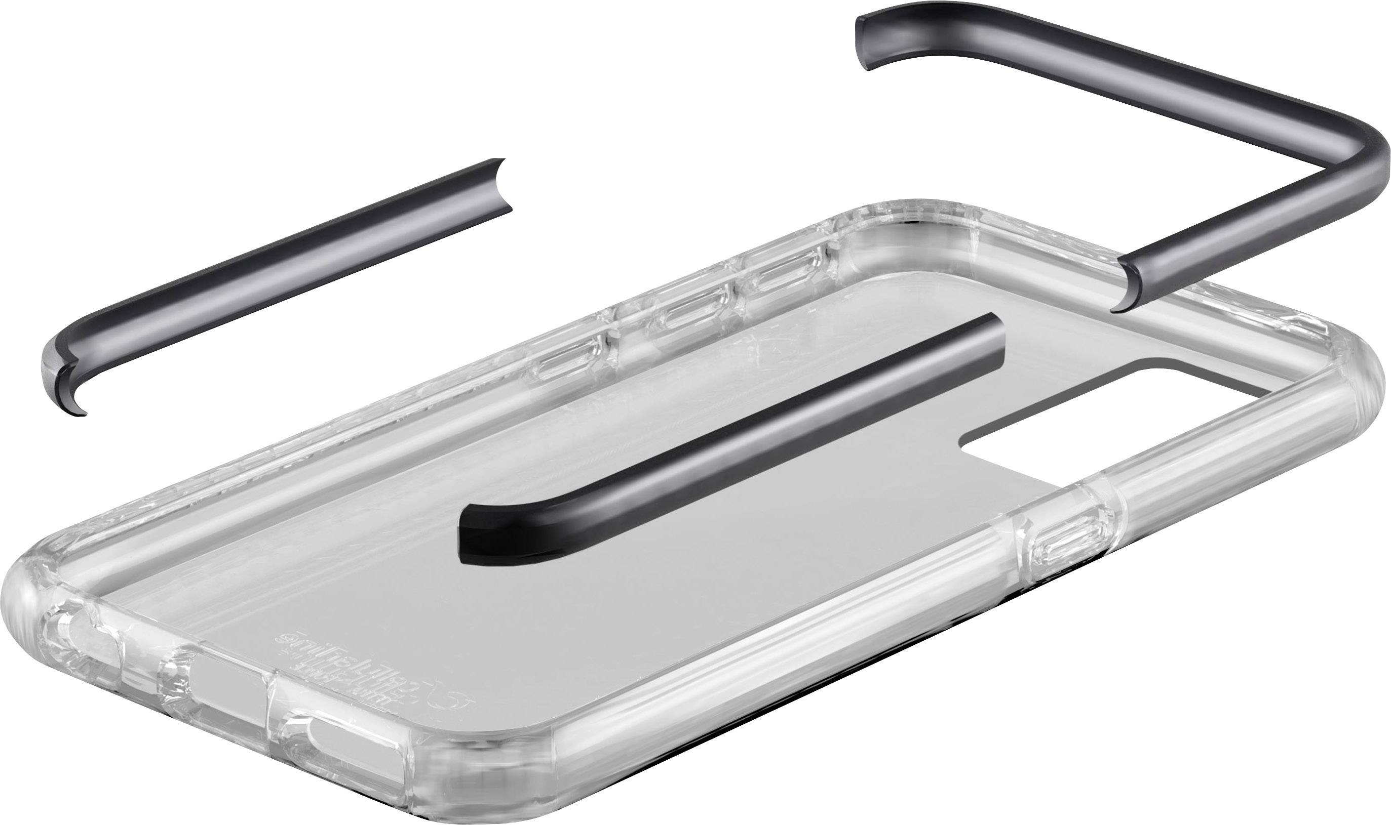 Transparente Handyhülle mit verstärkten schwarzen Kanten, die Schutz und Stoßdämpfung für ein Smartphone bietet.