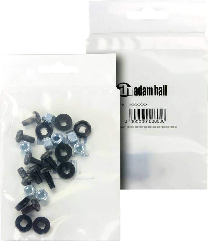 Verpackung mit Schrauben, Muttern und Unterlegscheiben von 'Adam Hall'. Vorderseite zeigt Teile, Rückseite enthält Barcode und Artikelnummer.