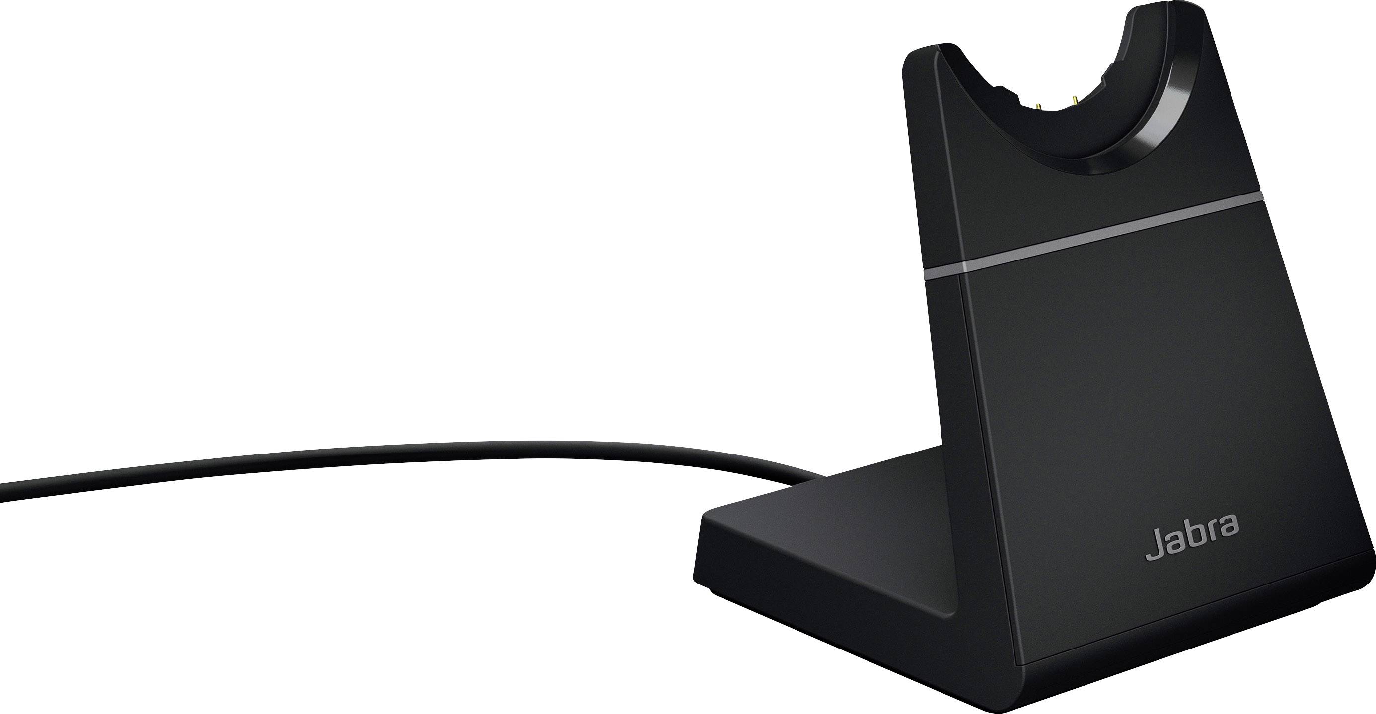 Schwarze Jabra-Ladestation mit Verbindungskabel, entworfen für schnurlose Headsets.