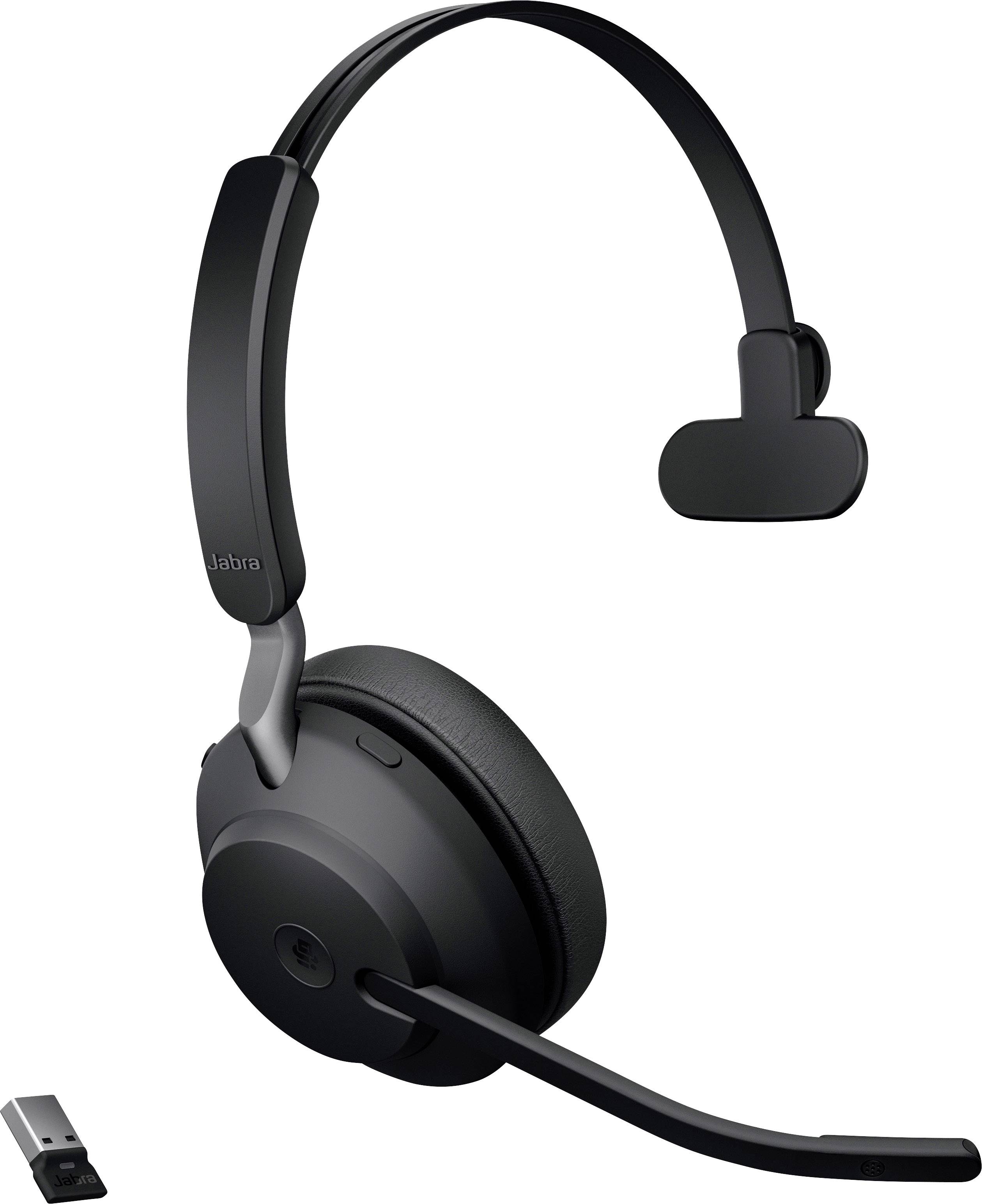 Kabelloses schwarzes Headset mit Bügelmikrofon und USB-Dongle für drahtlose Verbindung, geeignet für Telefonate und Musik.