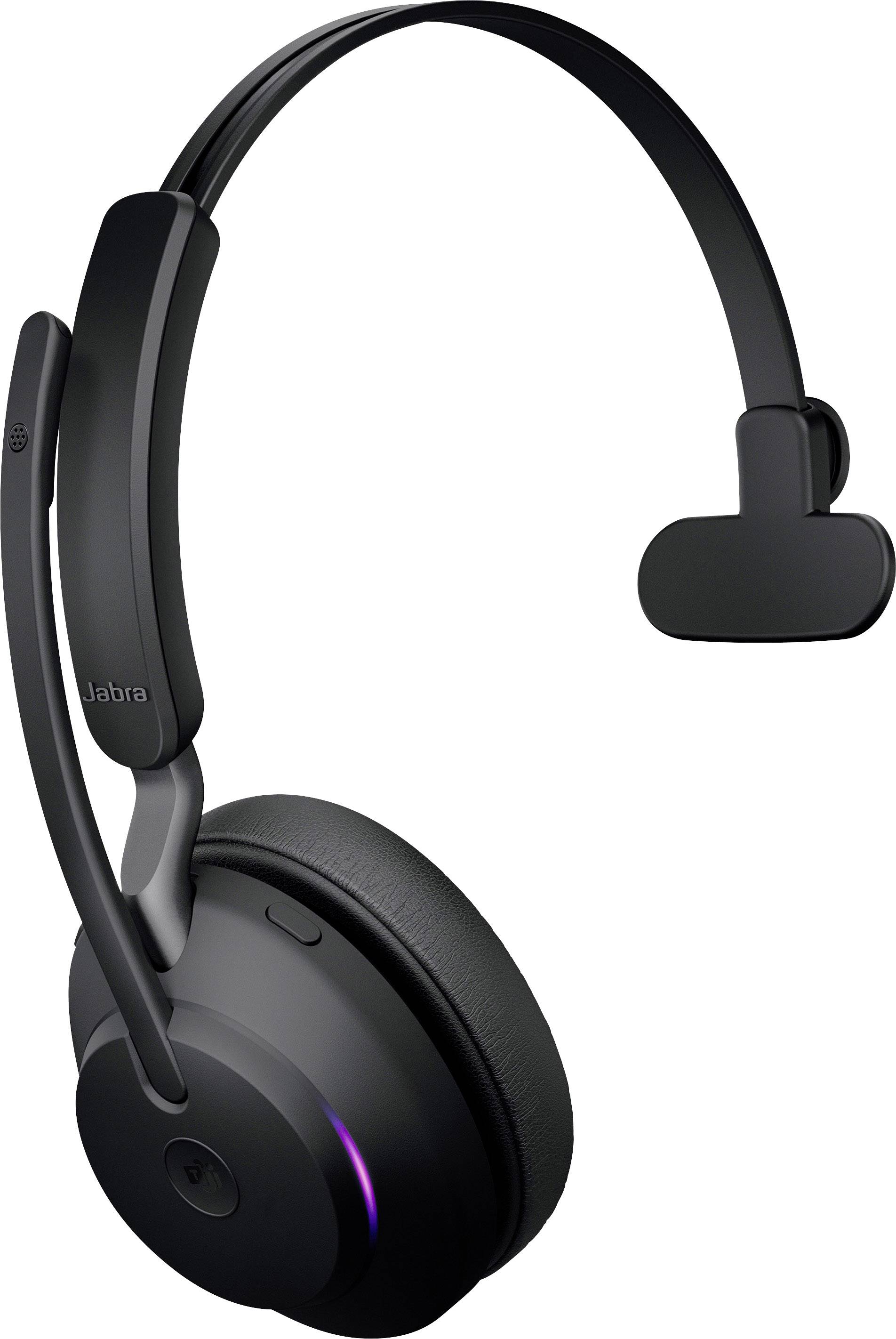 Schwarzes kabelloses Headset mit Mikrofon, einseitigem Bügel und Ohrpolster links. Geeignet für Kommunikation oder Audiohören.