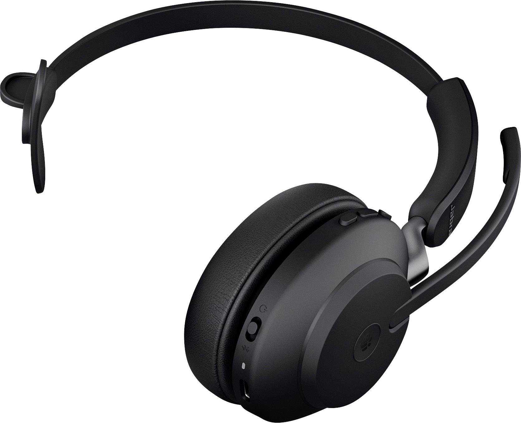 Ein schwarzes, kabelloses Headset mit verstellbarem Mikrofonarm und gepolsterten Ohrmuscheln, geeignet für komfortables Telefonieren.