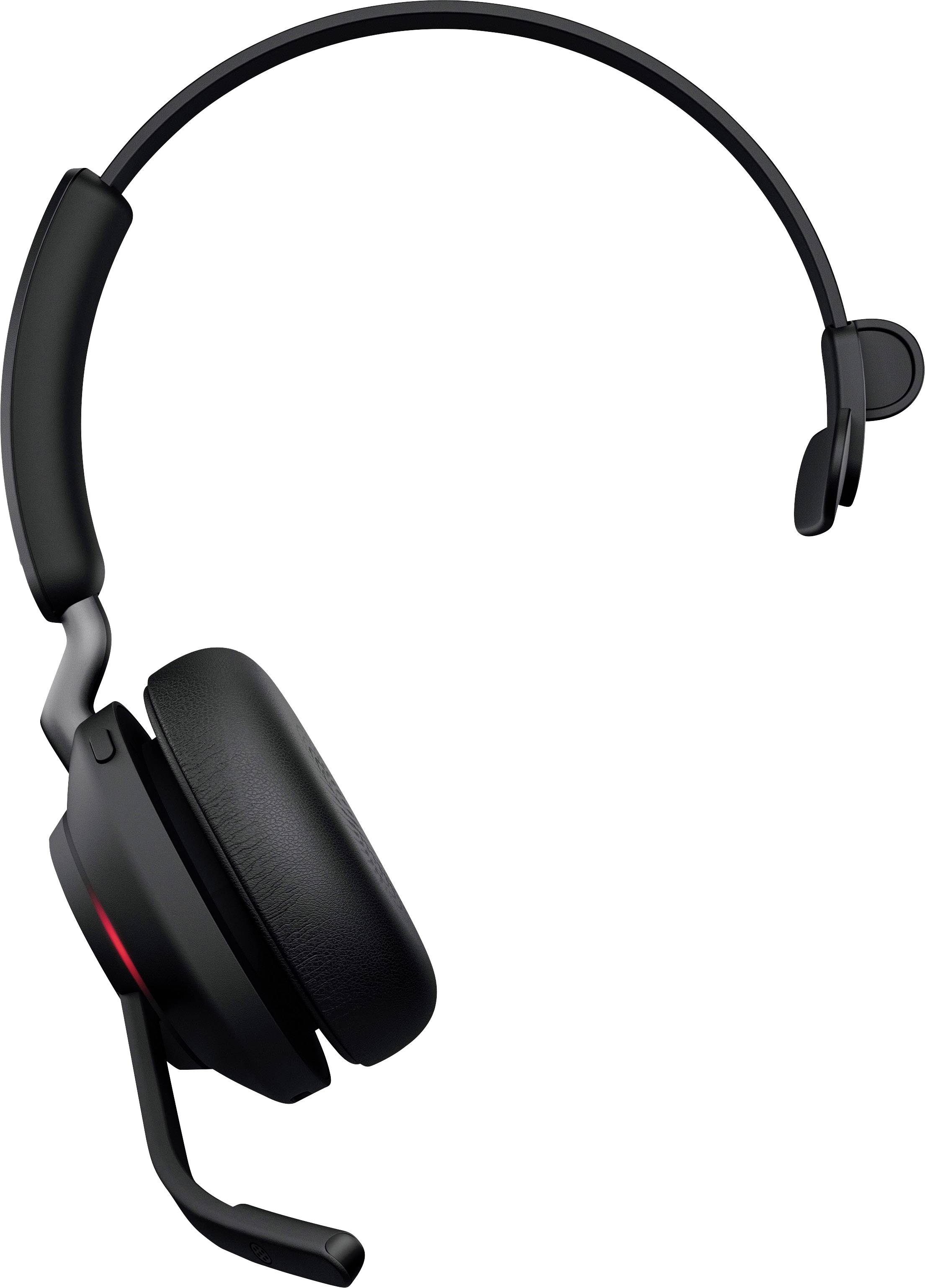 Ein schwarzes Headset mit einem Mikrofonarm. Es hat eine gepolsterte Hörmuschel und ist für den einseitigen Gebrauch konzipiert.