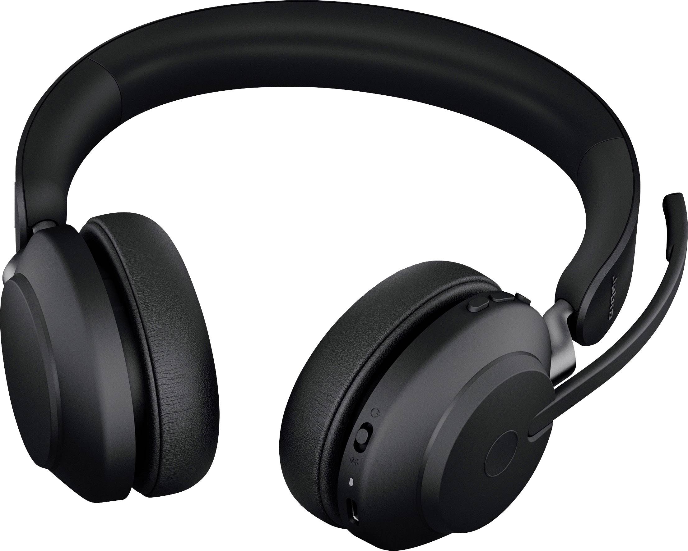 Schwarzer kabelloser Over-Ear-Kopfhörer mit Mikrofon, geeignet für Telefonate und Musik, verfügt über Lautstärkeregler und Bedienelemente.