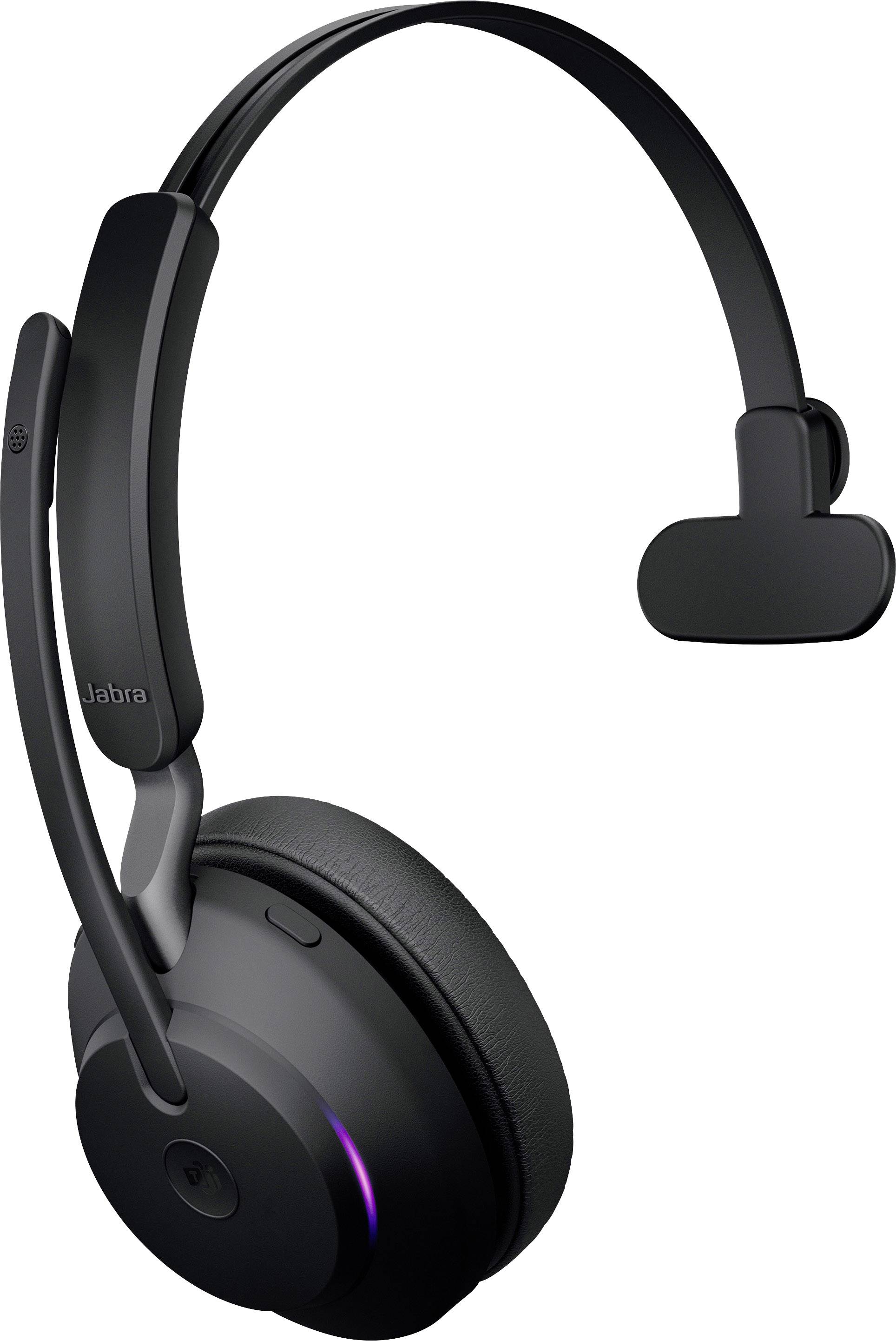 Ein kabelloses, einseitiges Headset in Schwarz mit Mikrofonarm. Es hat ein weiches Ohrpolster und ein flexibles Kopfband.