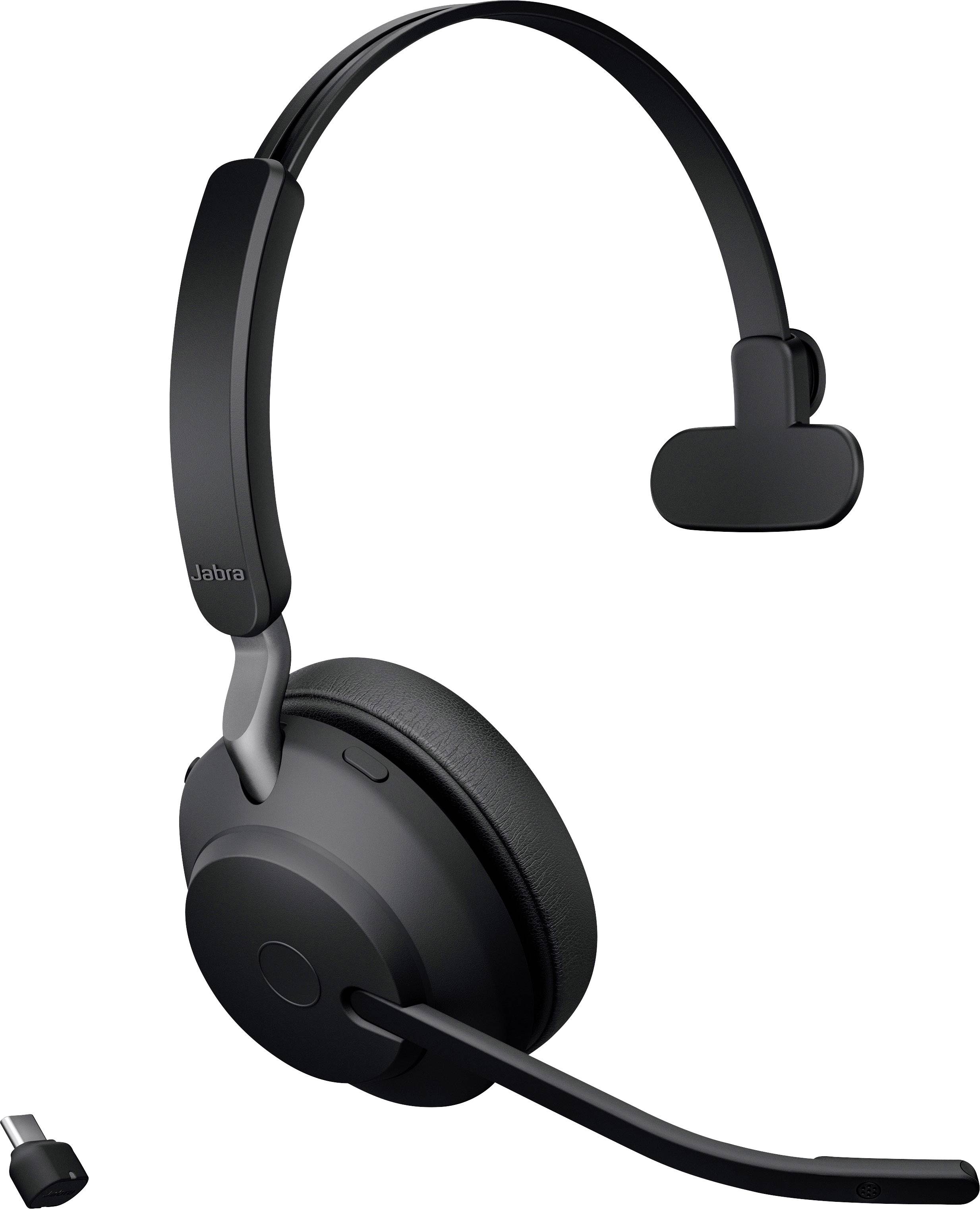 Ein schwarzes, einseitiges kabelloses Headset mit Mikrofon. Es zeigt ein modernes Design und ist ideal für Telefonkonferenzen.