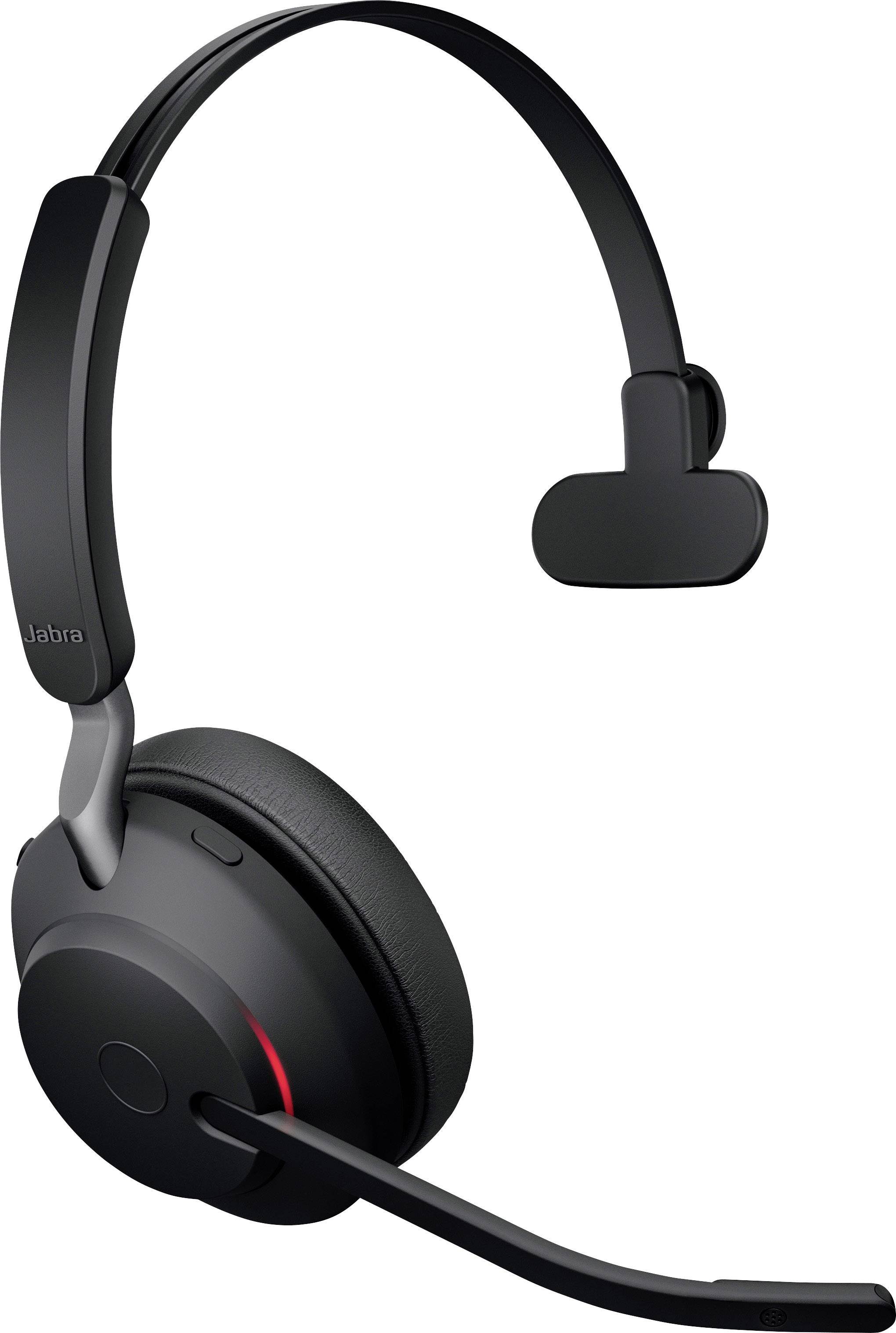 Schwarzes, kabelloses Mono-Headset mit Mikrofon; geeignet für Telefonate oder Online-Meetings; minimalistisches Design.