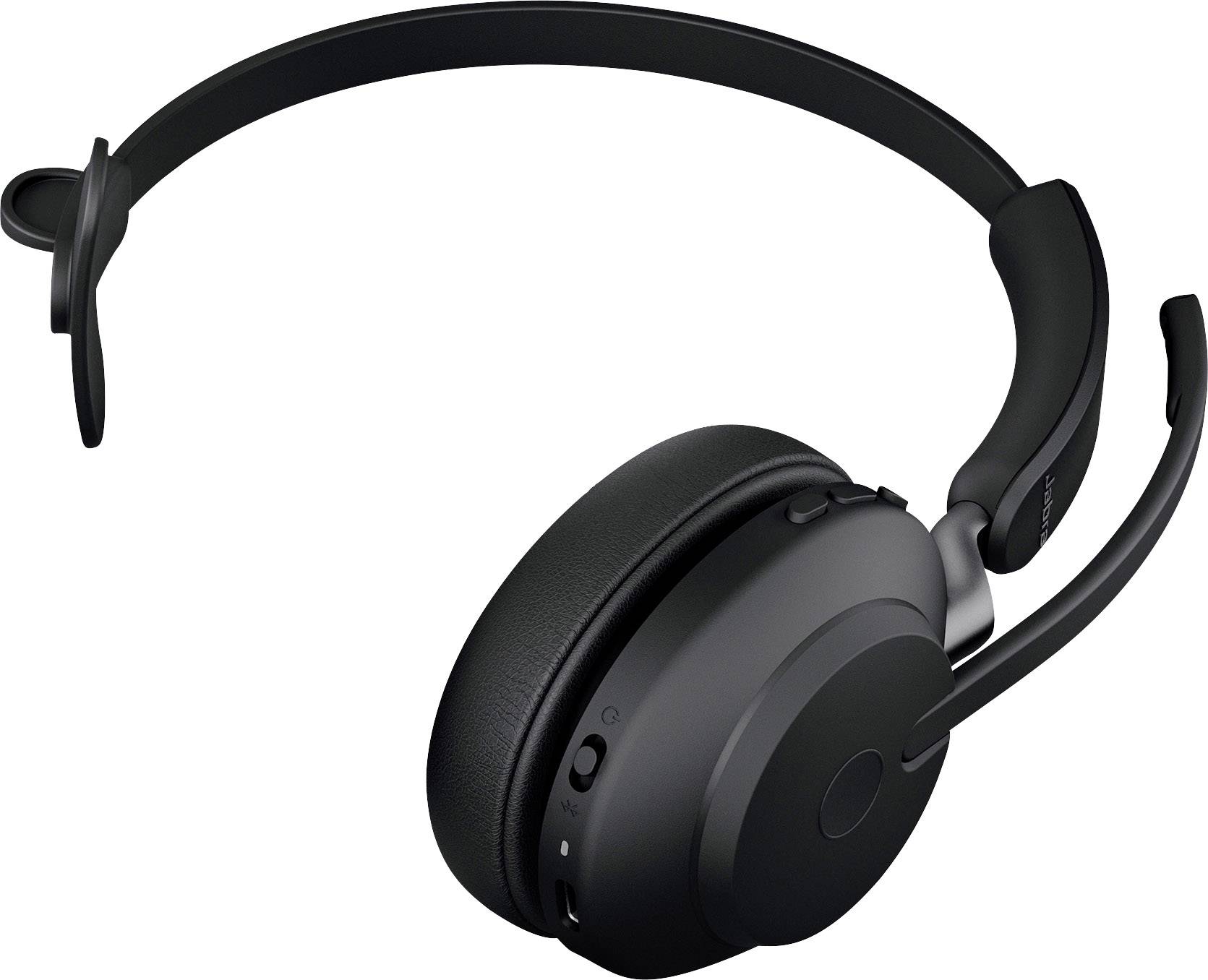 Schwarzes kabelloses Headset mit Mikrofon, Ohrmuscheln und verstellbarem Bügel, geeignet für Anrufe und Audiowiedergabe.