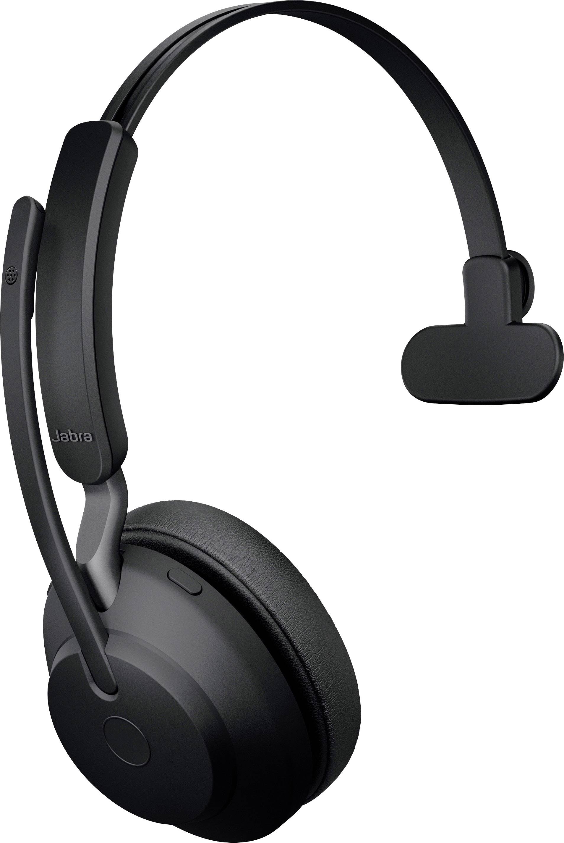 Schwarzes kabelloses Headset mit einem Ohrpolster und biegsamem Mikrofonarm, geeignet für Telefonate und Musik.