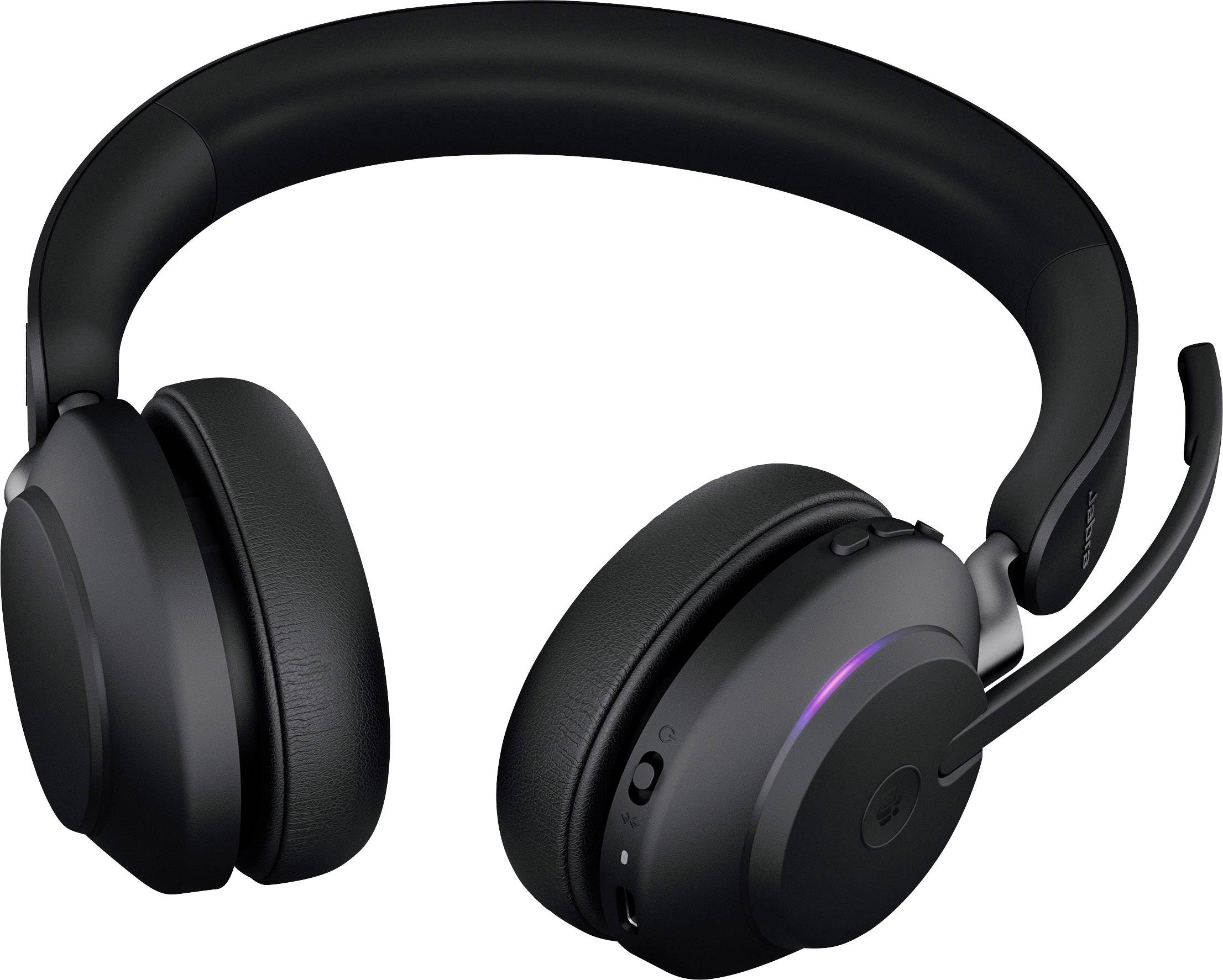 Ein schwarzes Over-Ear-Headset mit Mikrofonarm, das drahtlos ist und an der Seite Bedienelemente hat. Ideal für Anrufe und Musik.
