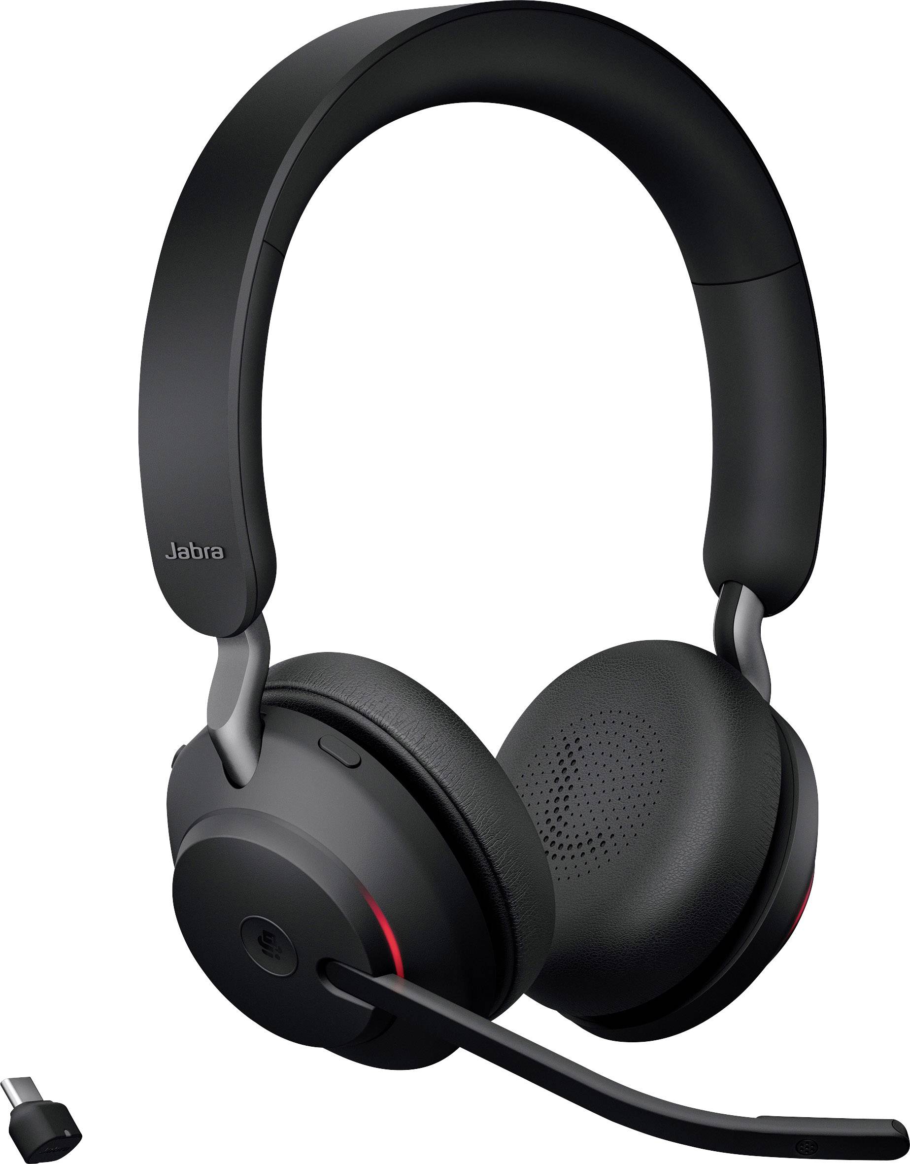 Schwarzes Headset mit großem Mikrofonarm und USB-Anschlussadapter. Markenname 'Jabra' an der Seite. Geeignet für professionelle Nutzung.