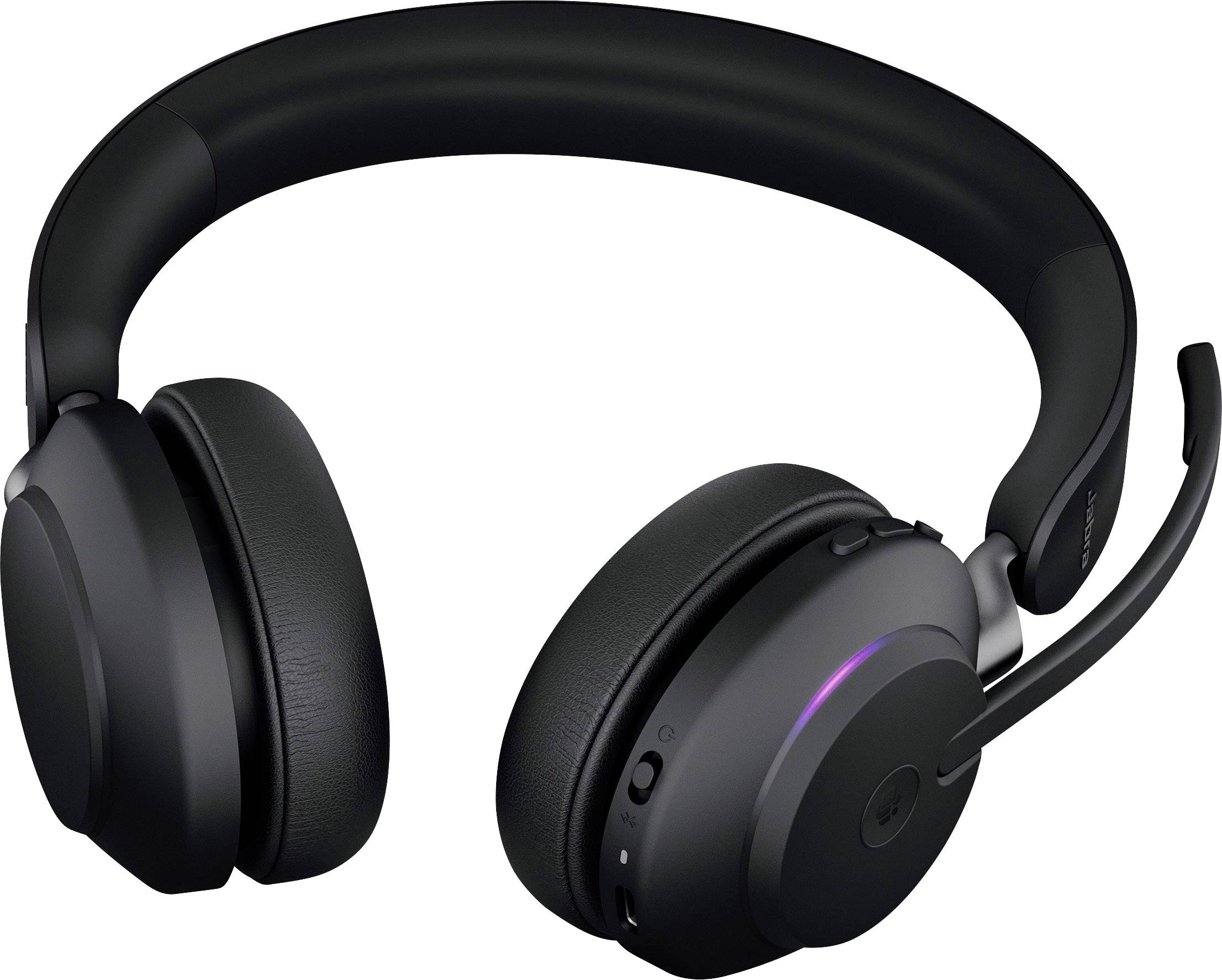 Schwarzes Over-Ear-Headset mit integriertem Mikrofon und Bedienelementen an der Ohrmuschel, geeignet für Telefonate oder Musik.