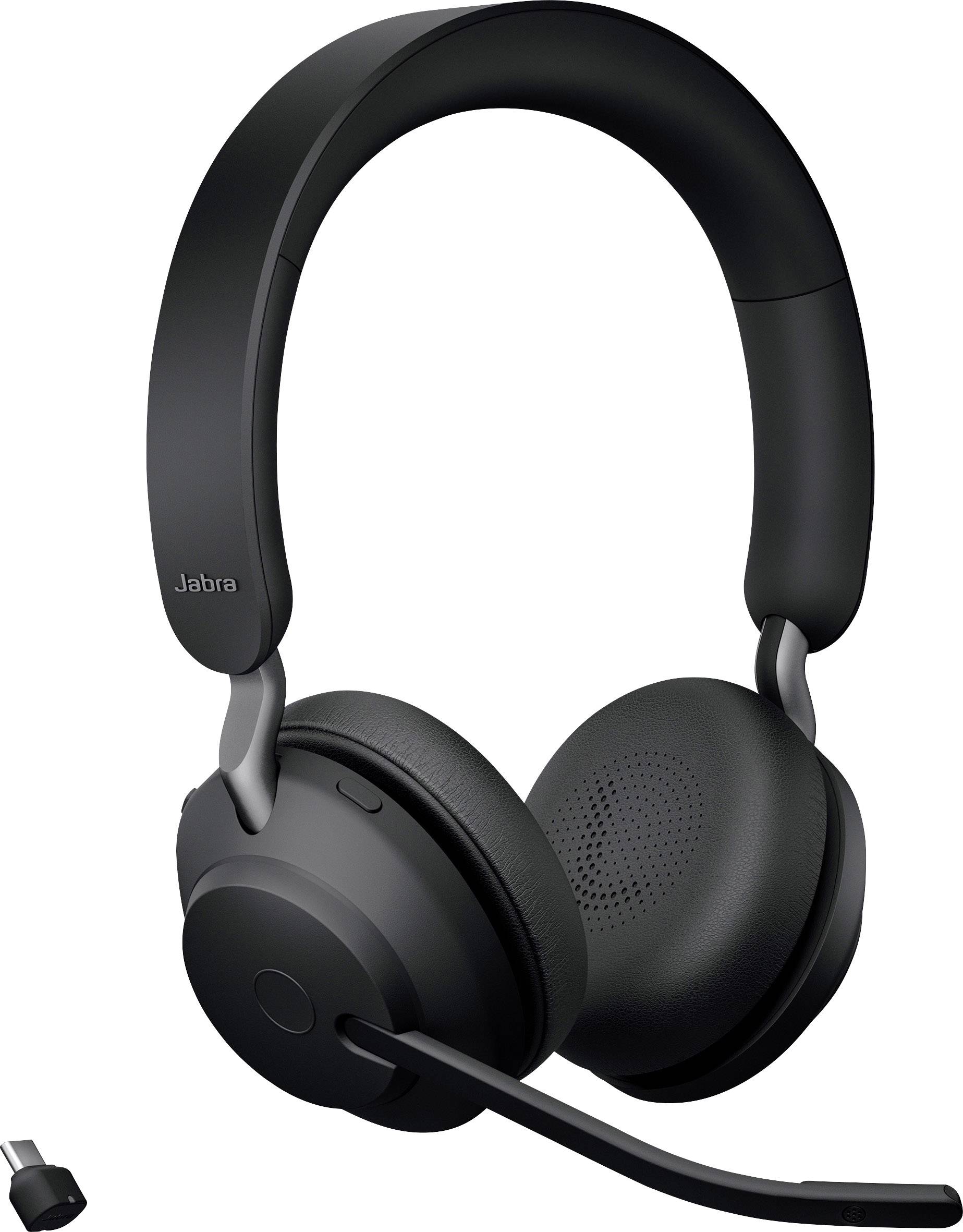 Schwarzes Over-Ear-Headset mit Mikrofonarm und USB-Adapter, Modell 'Jabra'. Ideal für Anrufe und Musik.