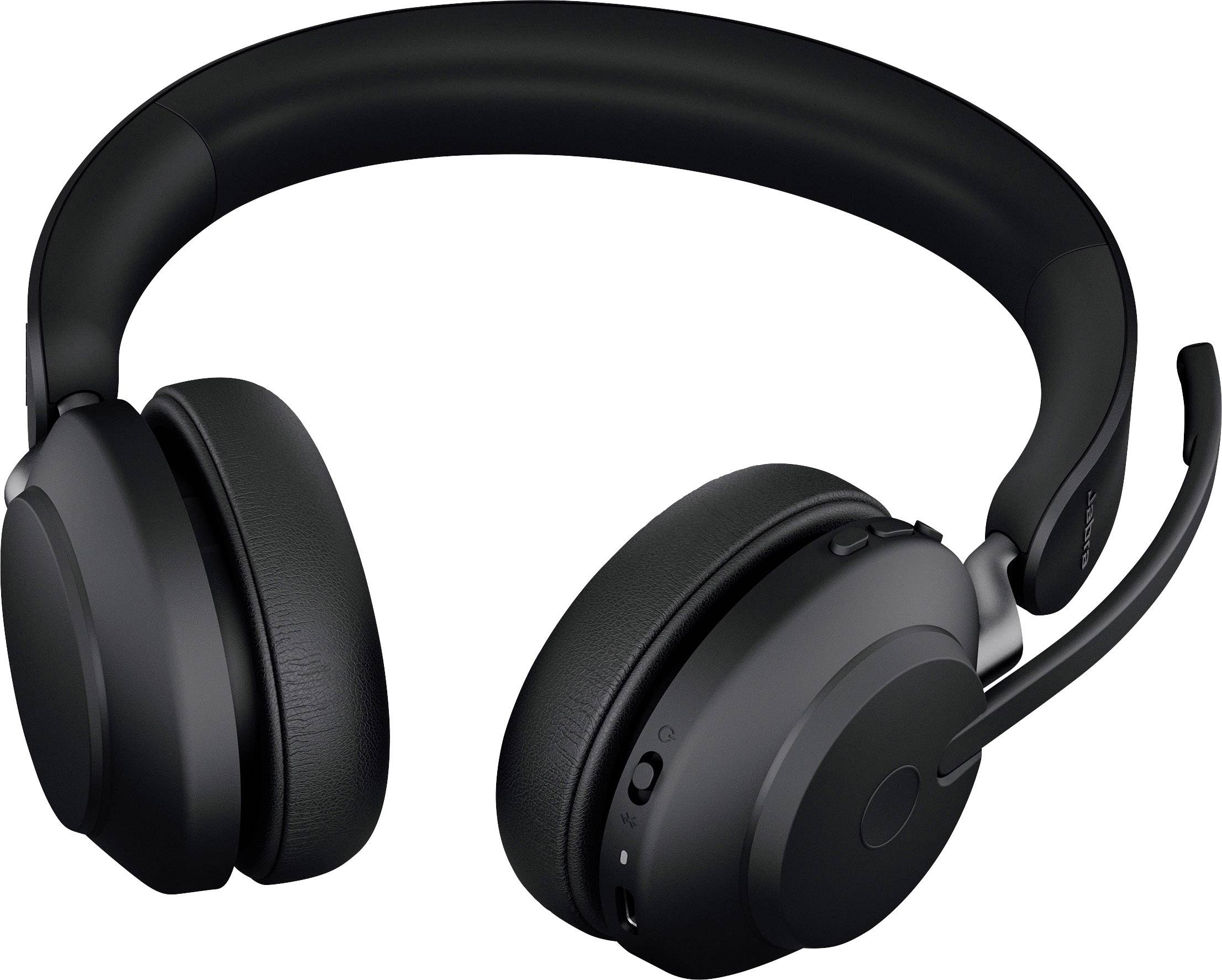 Schwarzes kabelloses Headset mit Mikrofonarm, geeignet für Telefonate und Musikhören.