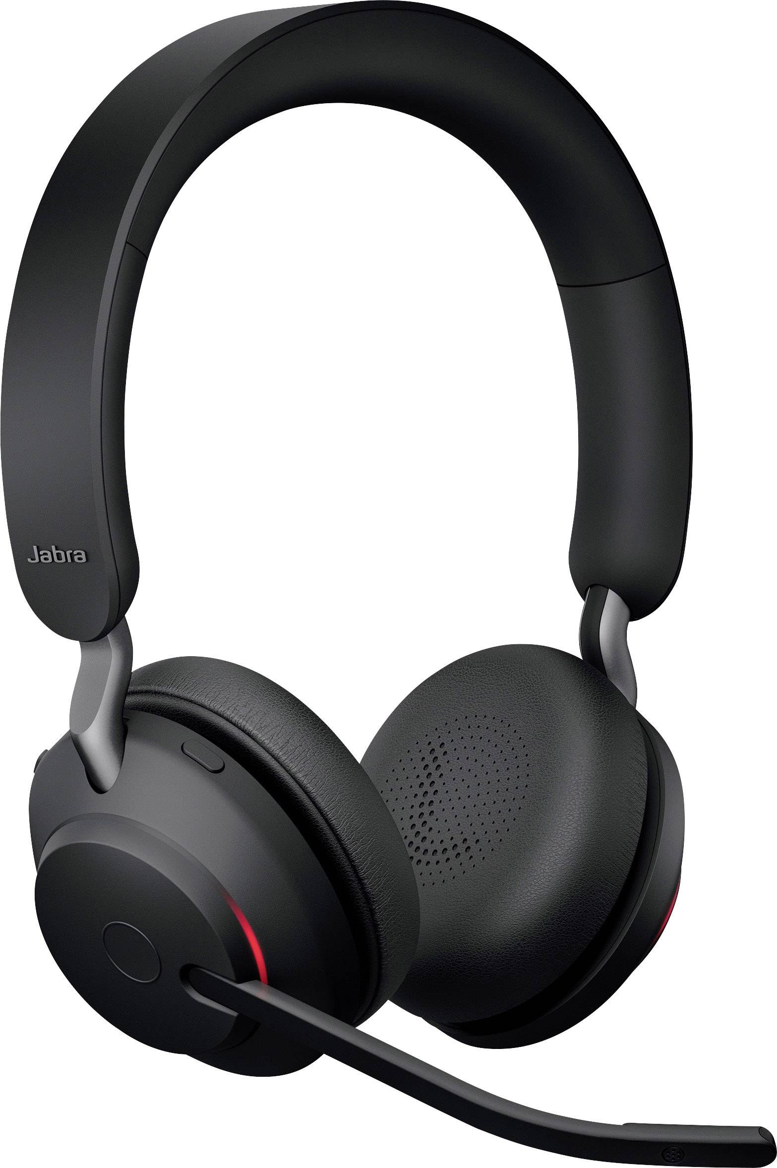 Schwarzes kabelloses Over-Ear-Headset mit verstellbarem Mikrofonarm. Ideal für Telefonate und Musikwiedergabe.