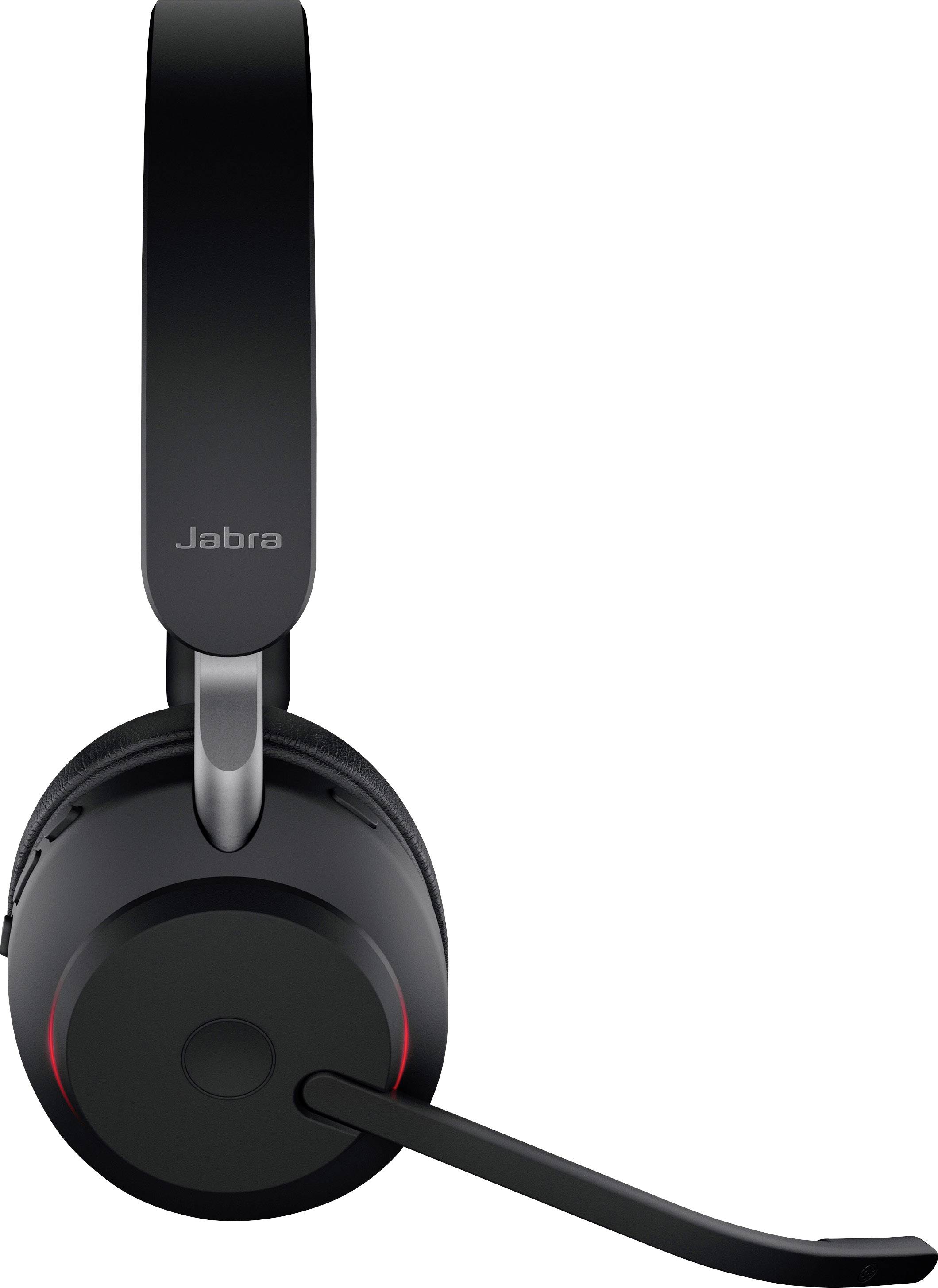 Schwarzes Headset mit Mikrofonarm und Ohrpolster. Ideal für Kommunikation und Audio auf Computern und Mobilgeräten.