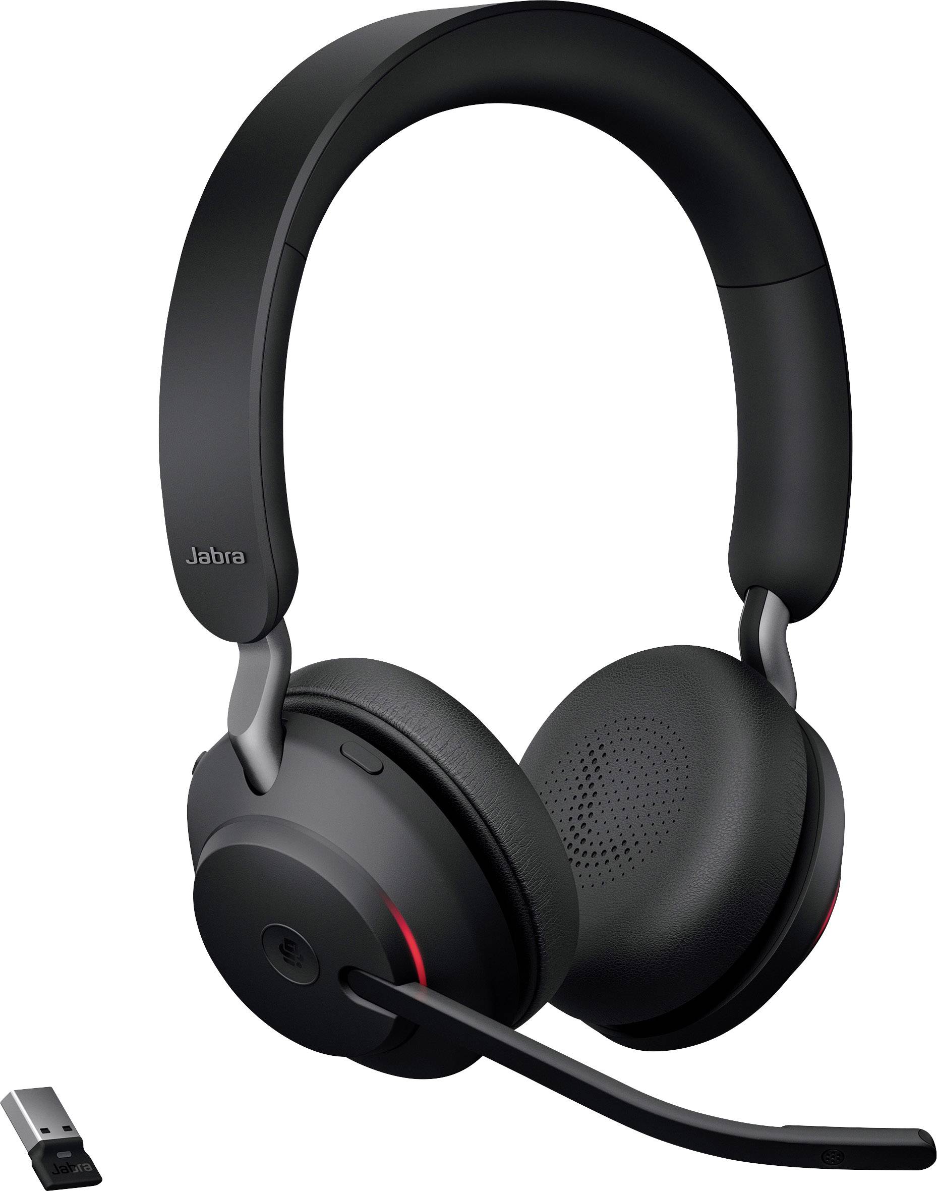Schwarzes kabelloses Headset mit Mikrofonarm, moderne Gestaltung mit USB-Dongle, geeignet für Kommunikation und Musik.