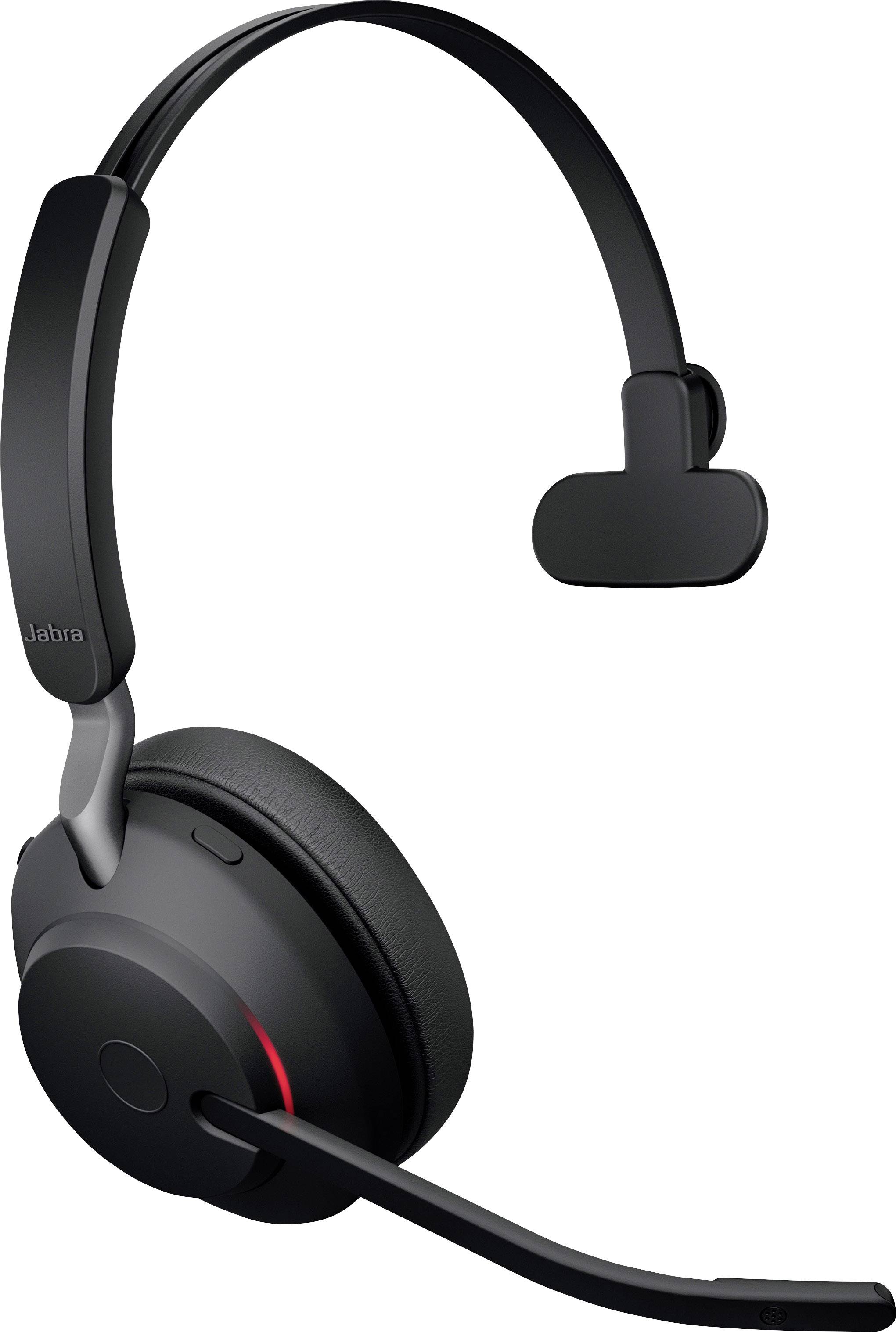 Schwarzes, kabelloses Headset mit Mikrofonarm und Ohrpolster, geeignet für Telefon- und Videokonferenzen.