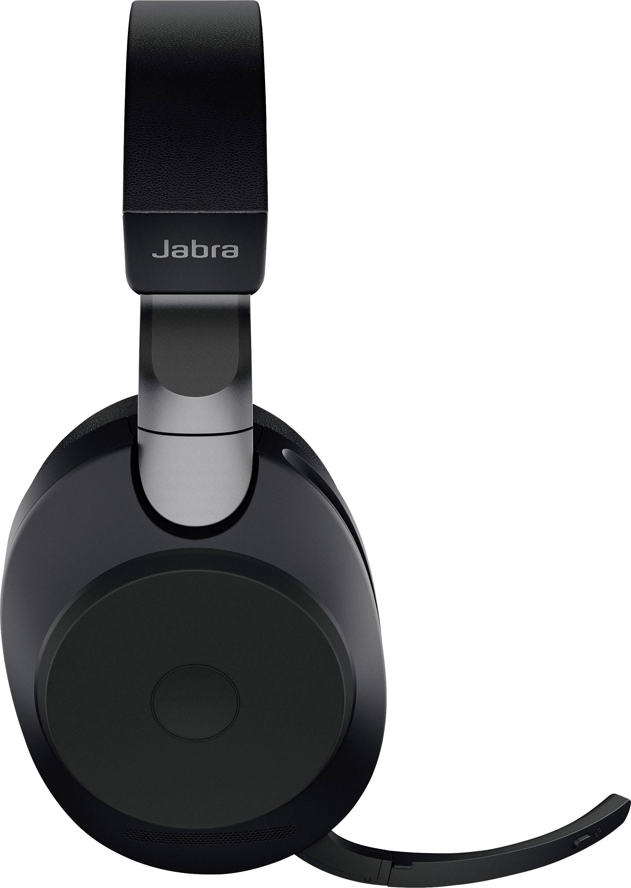 Schwarze Over-Ear-Kopfhörer von Jabra mit verstellbarem Mikrofonarm, geeignet für professionelle Kommunikation und Musik.
