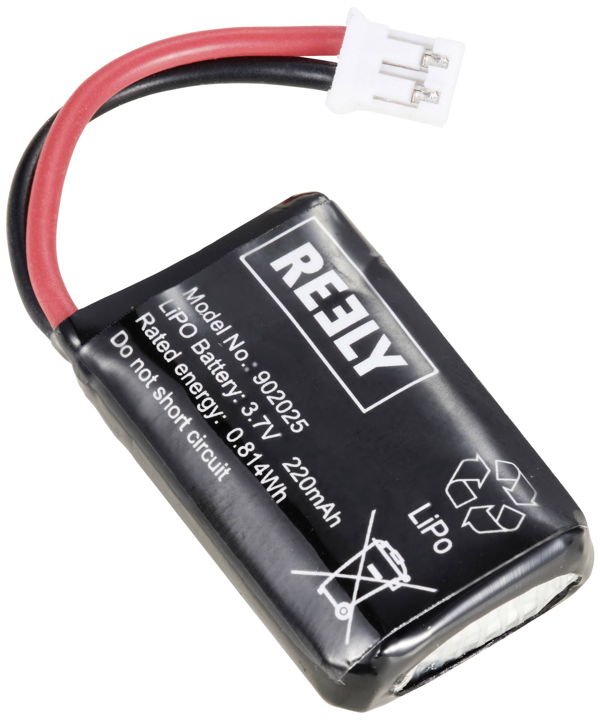 'LiPo-Akku, 3,7 V, 220 mAh, nicht kurzschließen' steht auf der Batterie. Schwarzes Gehäuse mit roten und schwarzen Drähten und weißem Stecker.