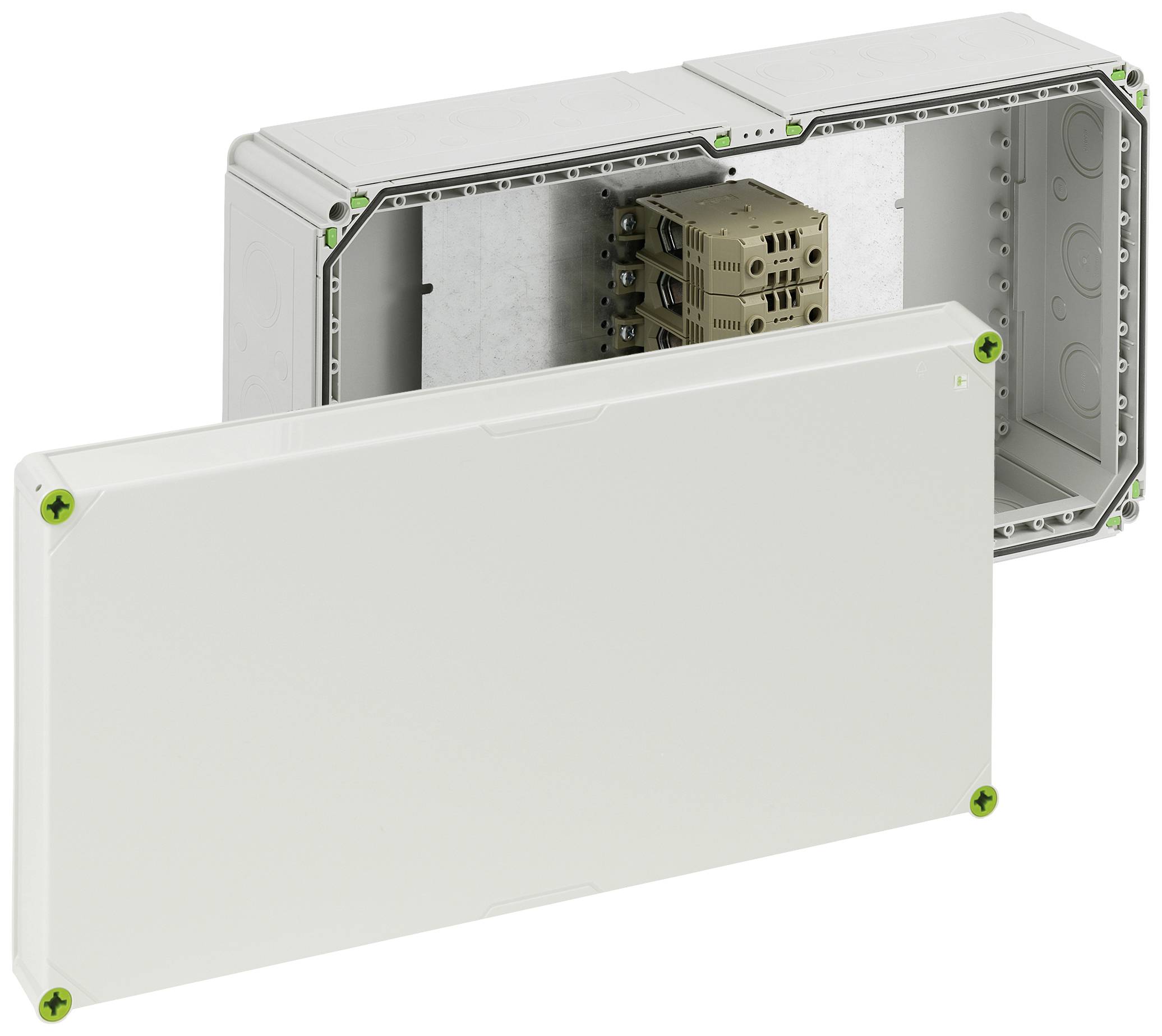 Ein rechteckiges Gehäuse mit abgenommenem Deckel, zeigt das Innenleben mit Steckverbindungen. Gehäuse und Deckel haben grüne Ecken.