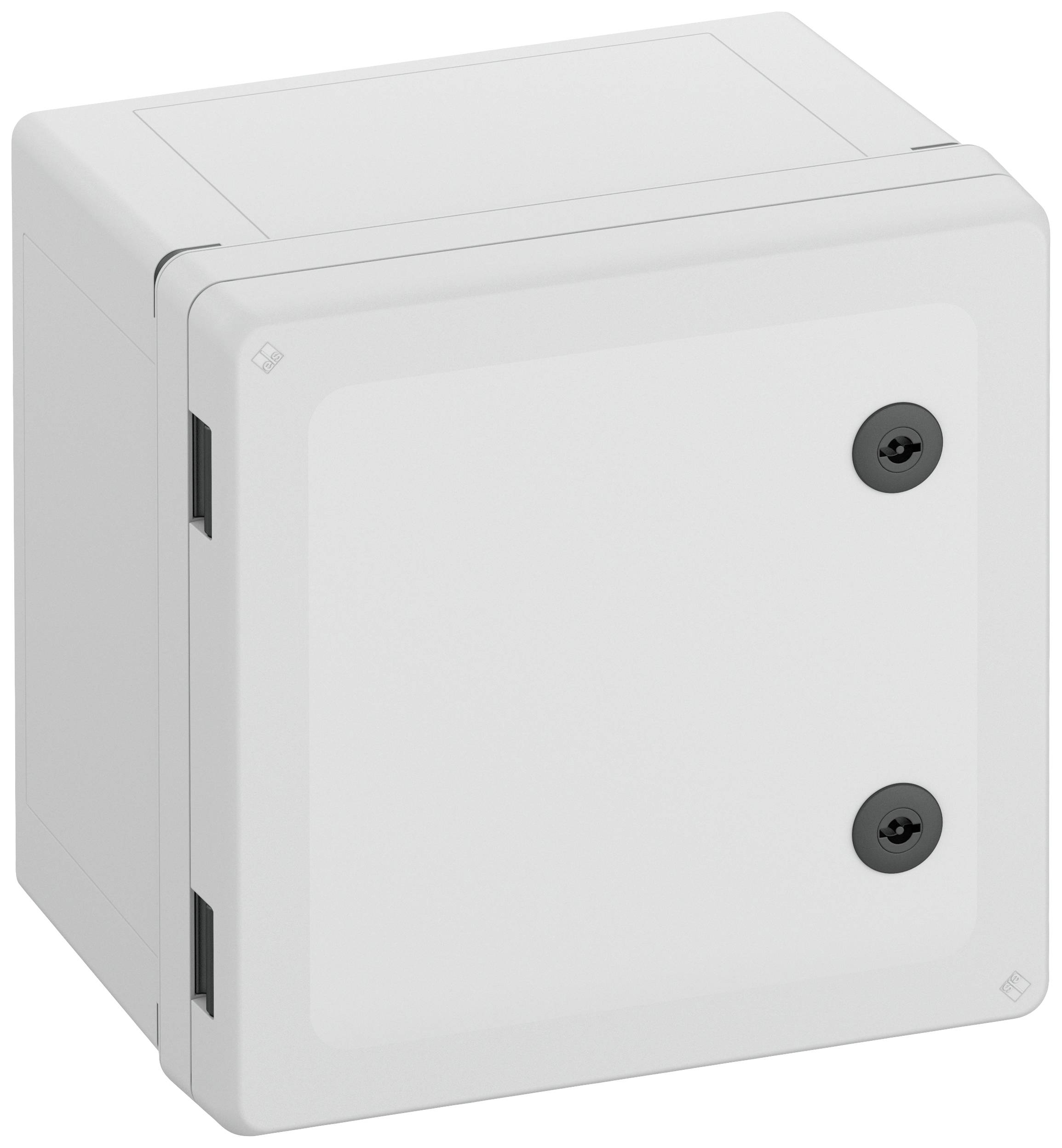 Ein weißer Kunststoffkabelkanal mit abgerundeten Ecken und zwei schwarzen Schrauben auf der Vorderseite.