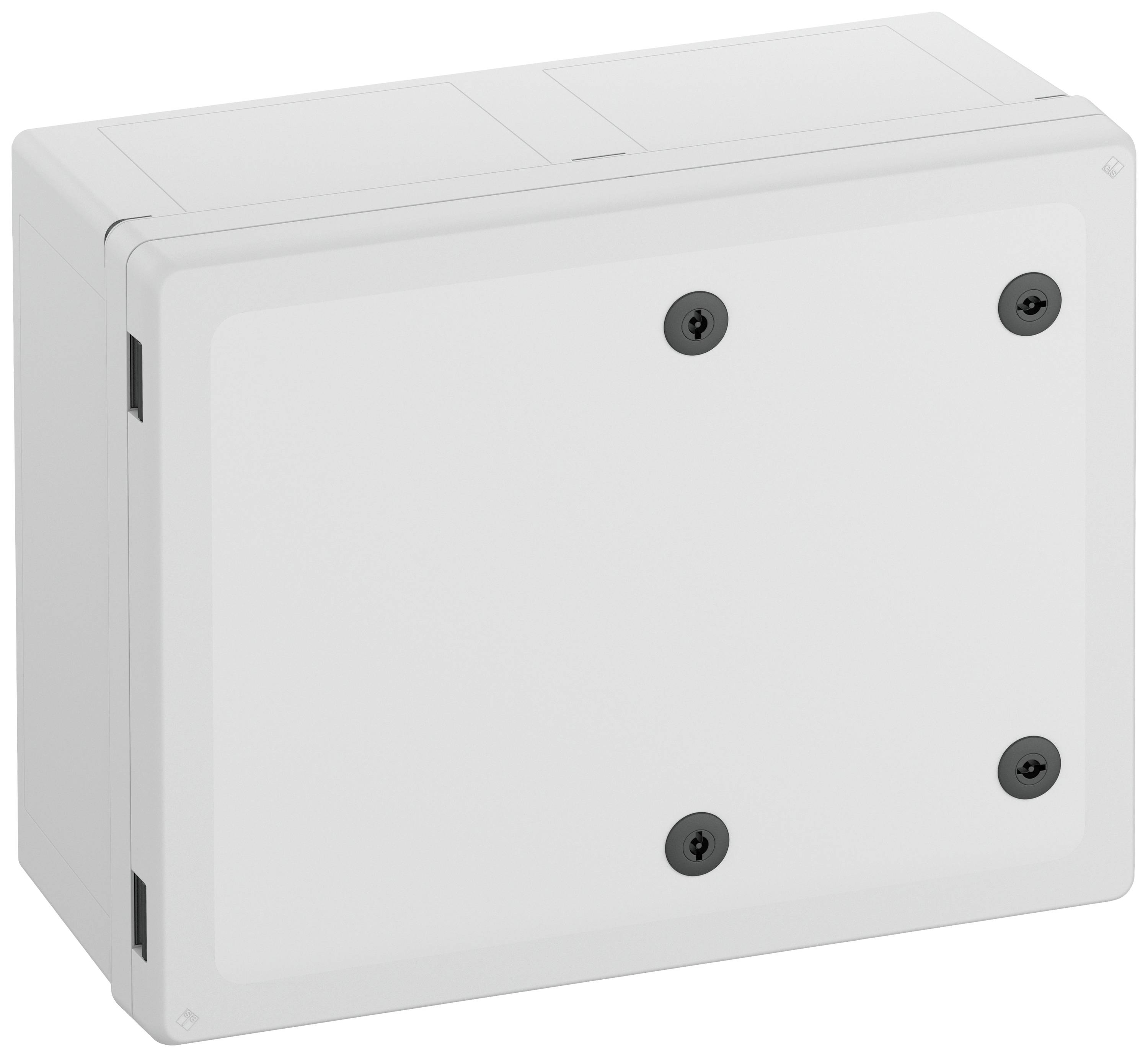 Ein rechteckiger, weißer Kunststoffkasten mit vier schwarzen Schrauben an der Vorderseite. Er dient als Gehäuse für elektrische Installationen.