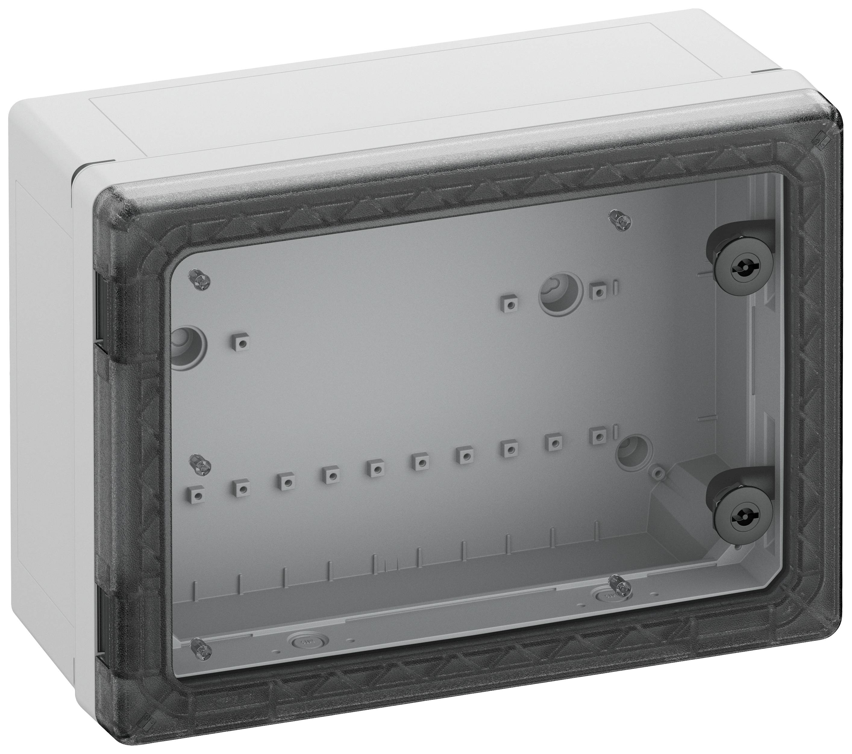 Gehäusekasten aus Kunststoff mit transparentem Deckel, vorgesehen für Elektroinstallationen. Rechteckige Form, abnehmbar und robust.
