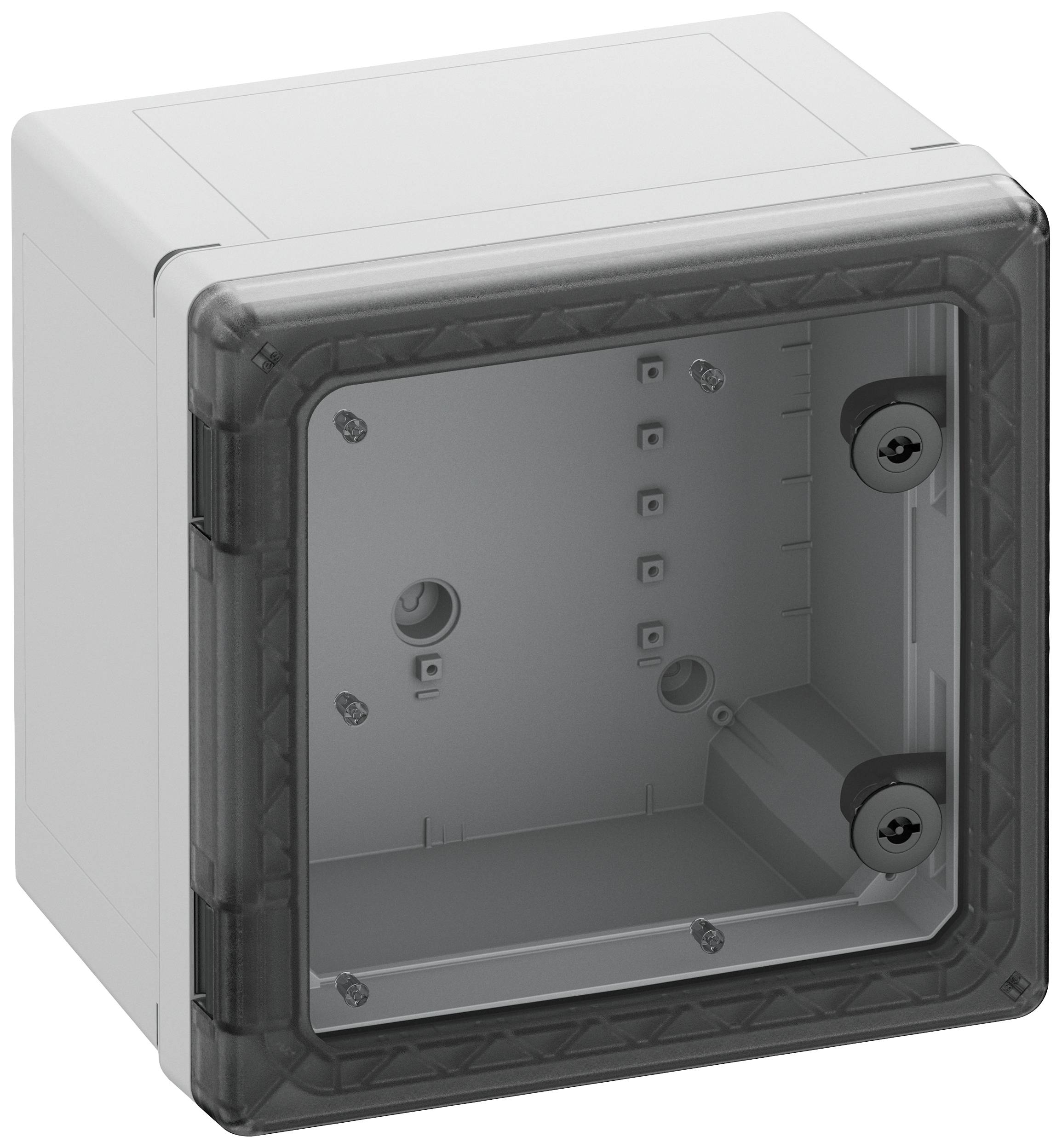 Grau-Schwarzer Kasten mit abnehmbarem Deckel, geeignet für Elektroinstallationen. Innenliegendes Fach mit Montagelöchern.