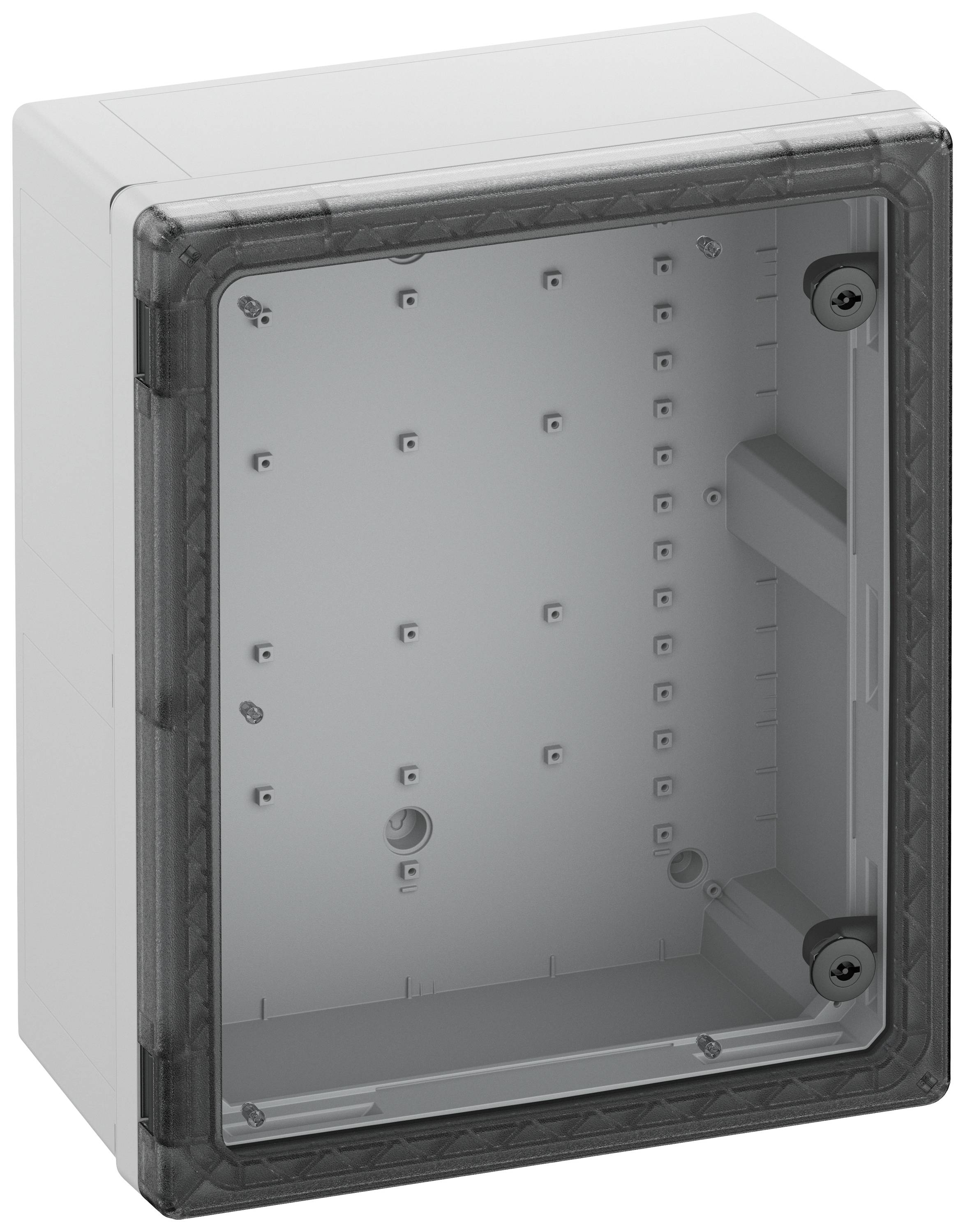 Graues, rechteckiges Gehäuse mit transparenter Abdeckung, geeignet zur Wandmontage. Das Innenleben ist leer, mit mehreren Befestigungspunkten.