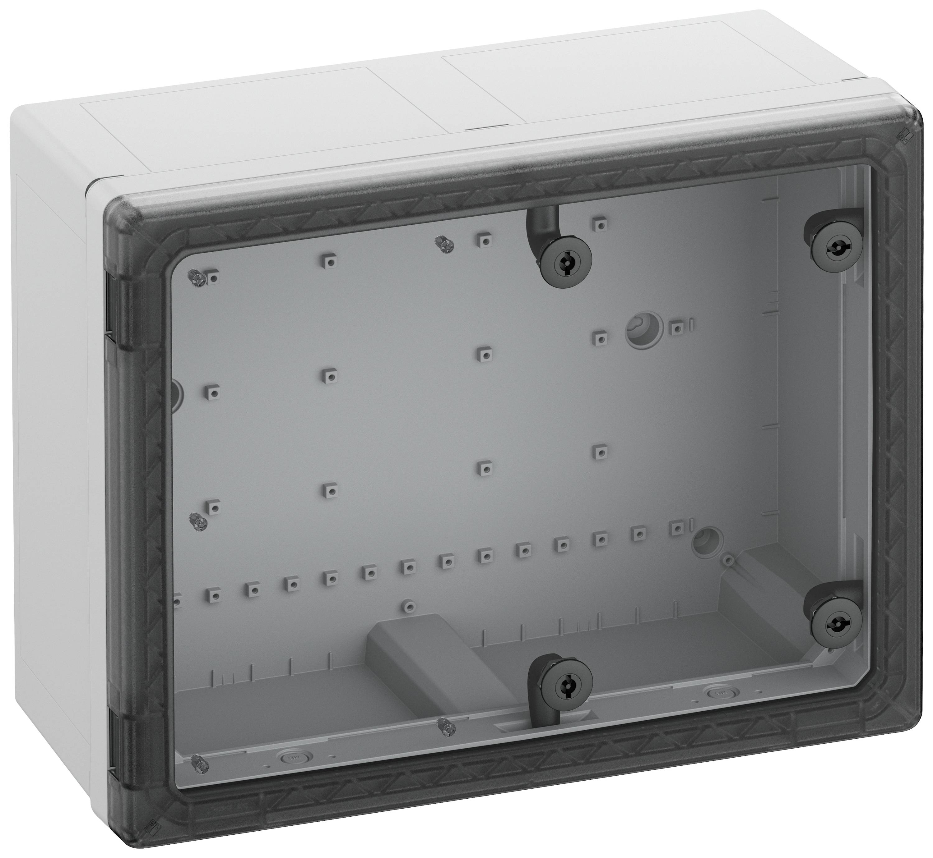 Gehäuse mit transparenter Abdeckung und seitlichen Öffnungen, geeignet zur Wandmontage.